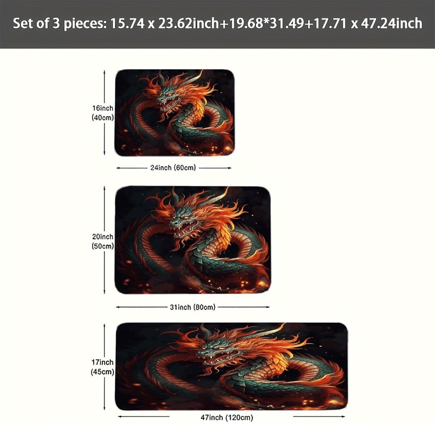 Chinese Dragon Kitchen Mats Soft Absorbent Rugs for Floor Non Slip Washable Kitchen Mats Fashion Rectangular Rugs for Three-Piece Set for Laundry Office Home Sink