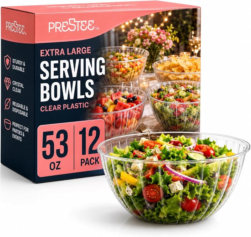 Prestee Paquete de 12 cuencos de plástico transparente para servir – Cuencos redondos reutilizables y desechables de 53 onzas para fiestas y eventos – Cuenco de plástico resistente y duradero para servir alimentos, ensaladas, aperitivos, patatas fritas y dulces