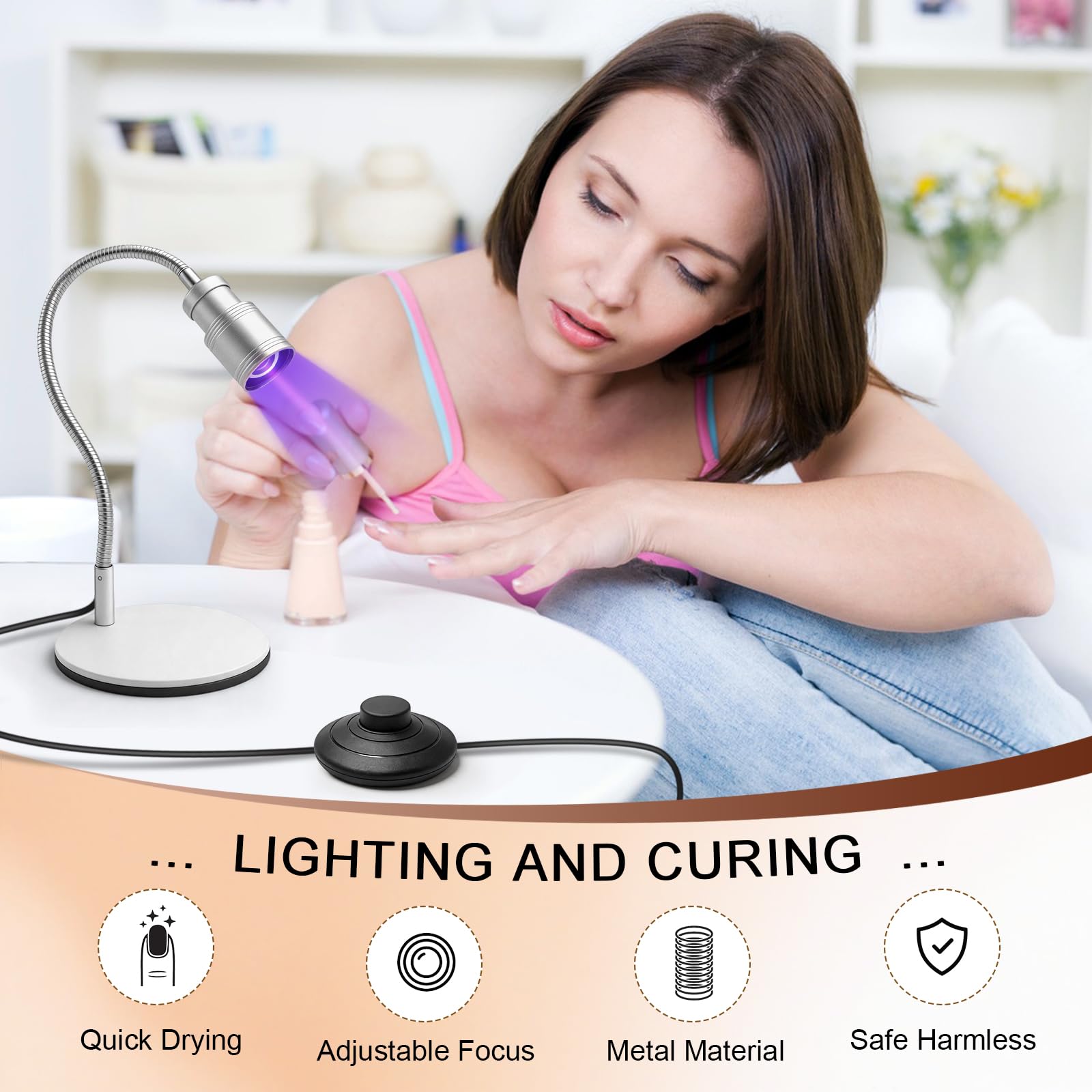 Lámpara de uñas con control de pie, luz LED UV de cuello de cisne para uñas de gel, lámpara de gel X de secado rápido para el hogar, bricolaje, manicura, alimentación USB (plateado)