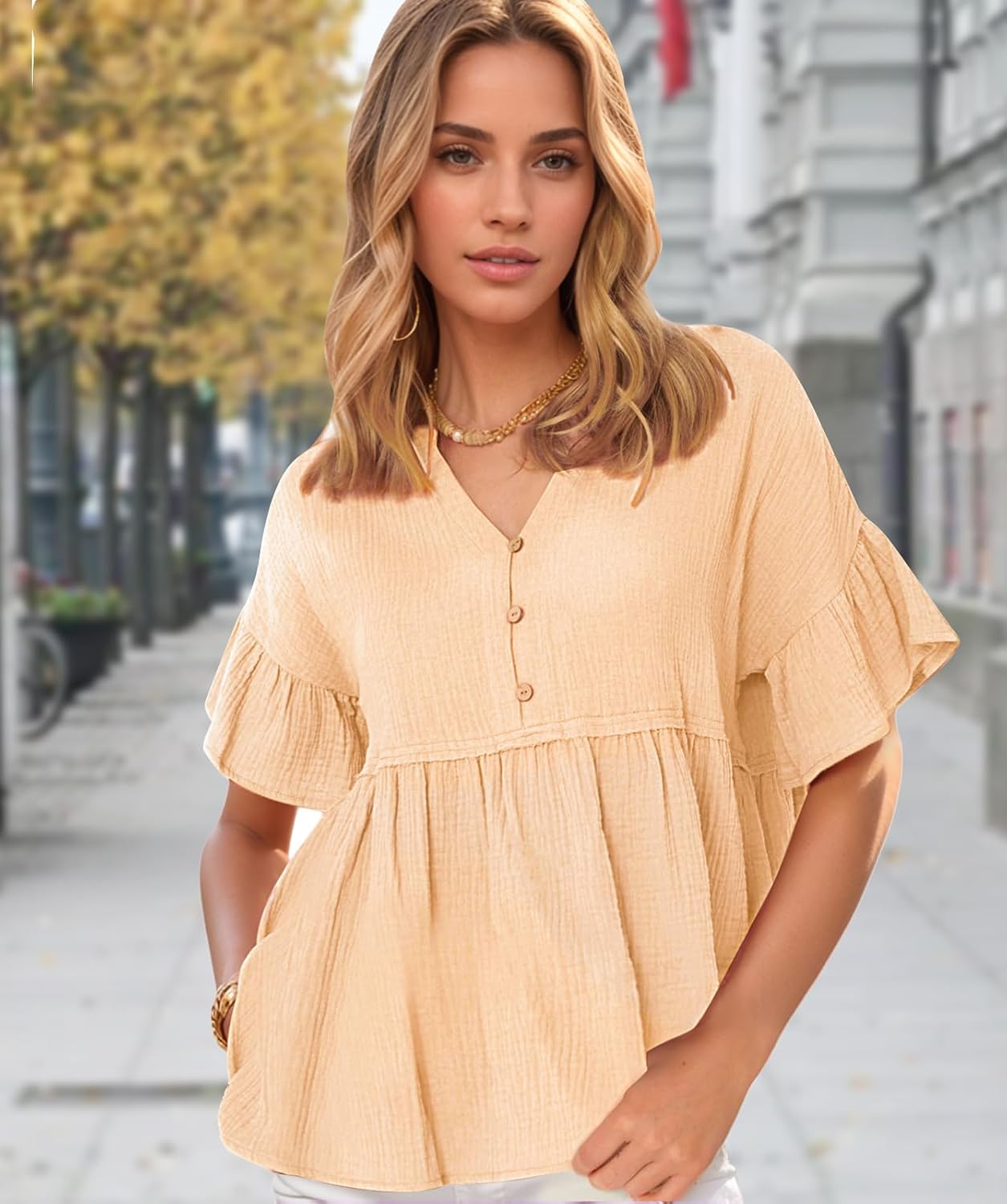 Jenbou V Neck T Shirts for Women Button Down Short Sleeve Tops Ruffle Tiered Loose Fit Peplum Tops - Image 7