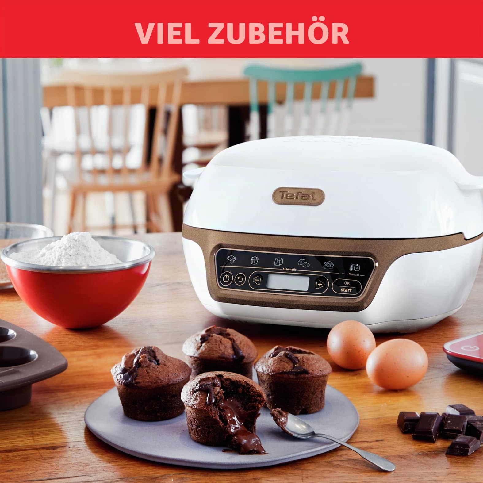Tefal Kuchenmaschine, 5 automatische Programme zur Einstellung, 1 manueller Modus, 3 flexible Formen, 1 große Backform aus beschichtetem Stahl, kompatibel mit Crispybake, Cake Factory + KD802112
