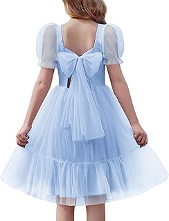 Girls Dresses Tulle Bow Tie Back Puff Sleeve Party Holiday Spring Summer Dress for 6-16 - Buy now