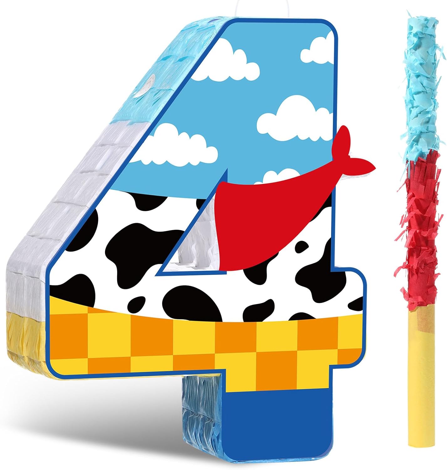 Hungdao Toy Inspired Birthday Piñata for Kids Cartoon Cow Number Piñata Decorations Summer Cartoon Story Game with Stick Red Scarf Blue Sky Cloud Boys Girls Baby Shower Farm Party Favor(Number 4)