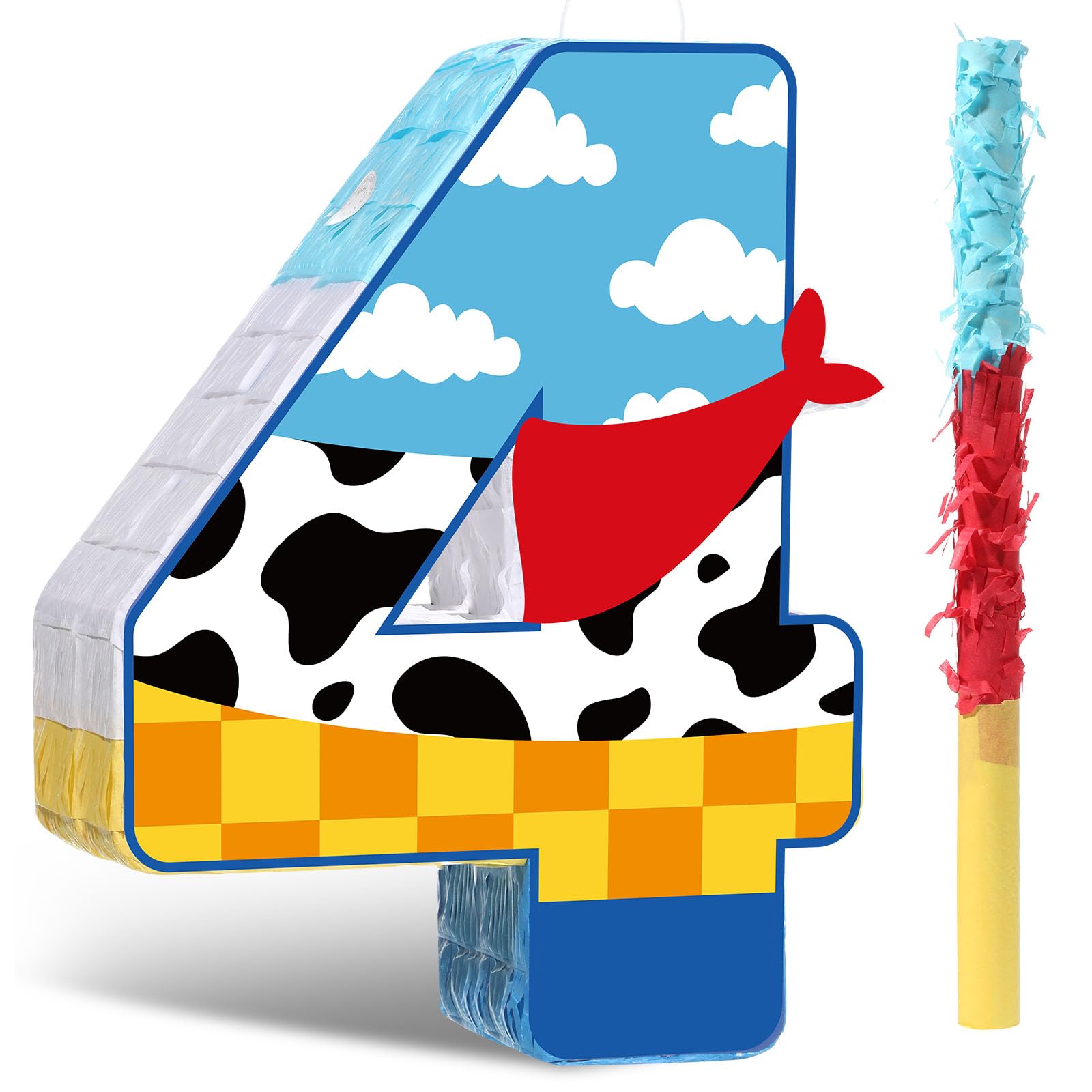 Hungdao Toy Inspired Birthday Piñata for Kids Cartoon Cow Number Piñata Decorations Summer Cartoon Story Game with Stick Red Scarf Blue Sky Cloud Boys Girls Baby Shower Farm Party Favor(Number 4)