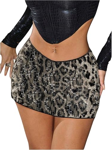 MakeMeChic Women's Leopard Cheetah Print Sequin Mini Skirt Glitter Short Skirts 