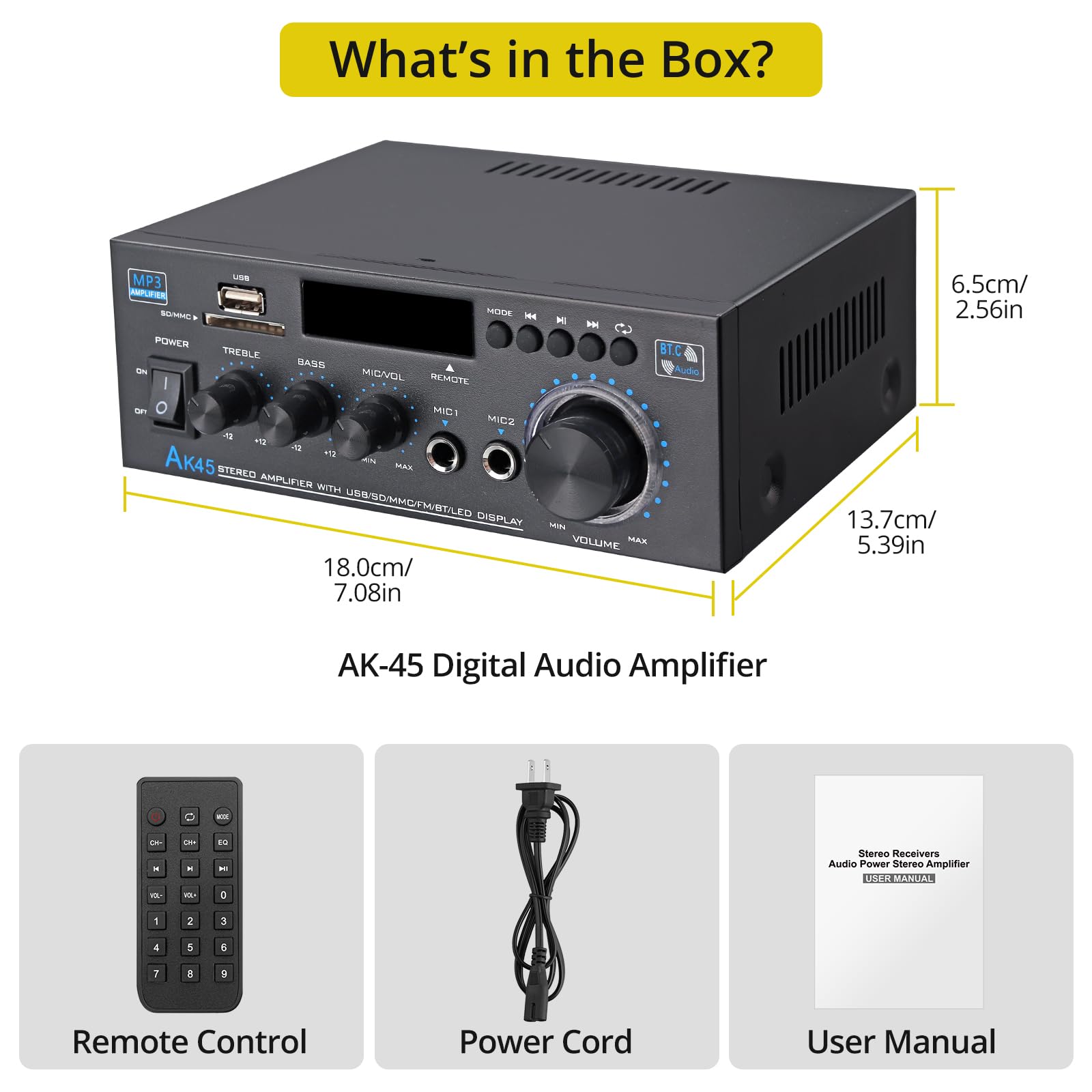 PROZOR Amplificador de Audio Bluetooth 5.0 Amplificador HiFi Estéreo 40W+40W con Pantalla LCD Amplificador Sonido Digital Función Radio FM Tarjeta TF SD Dos Microfonos para Cine en Casa, Coche
