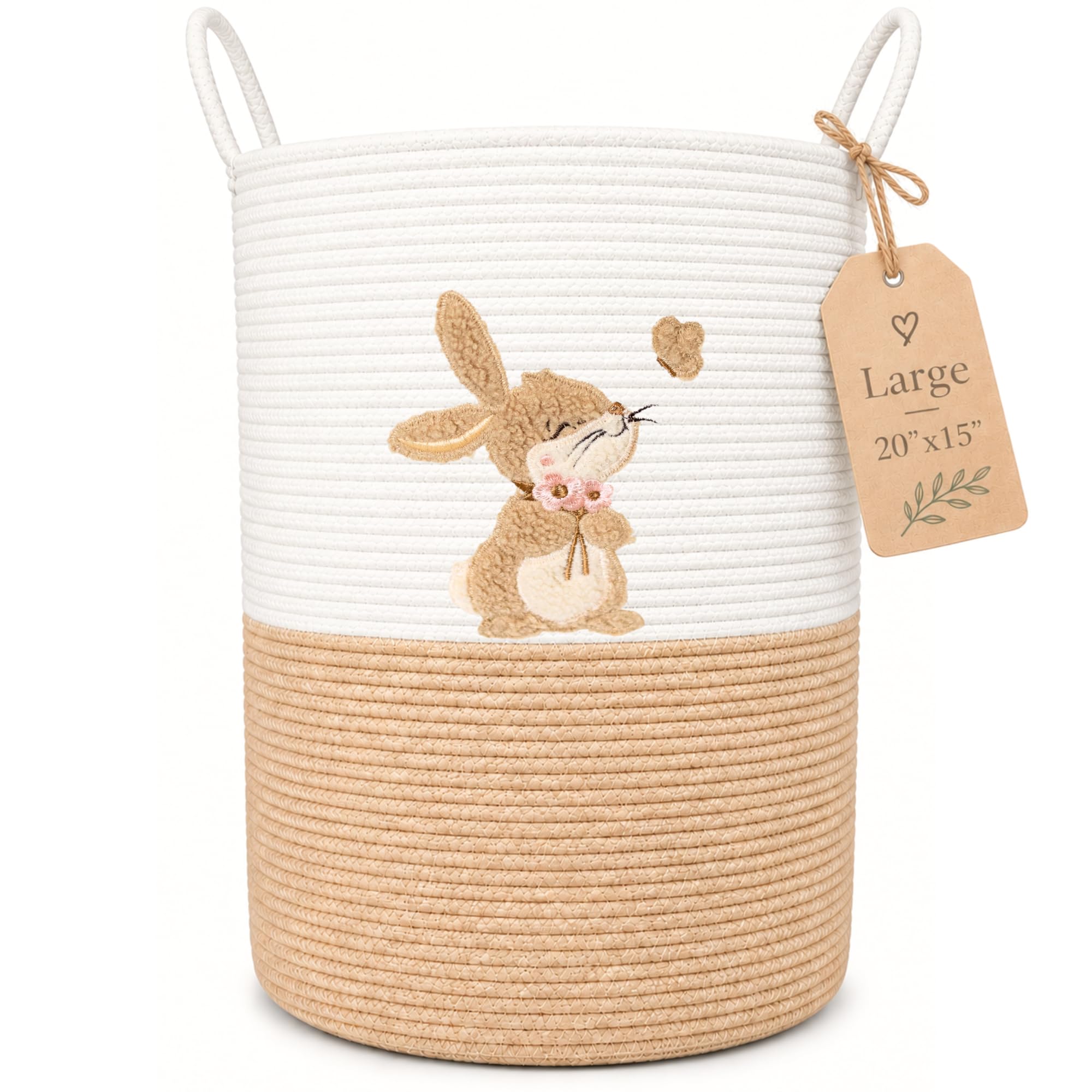 Bunny Baby Laundry Basket, Tall Woven Rope Nursery Hamper, 20x15 in