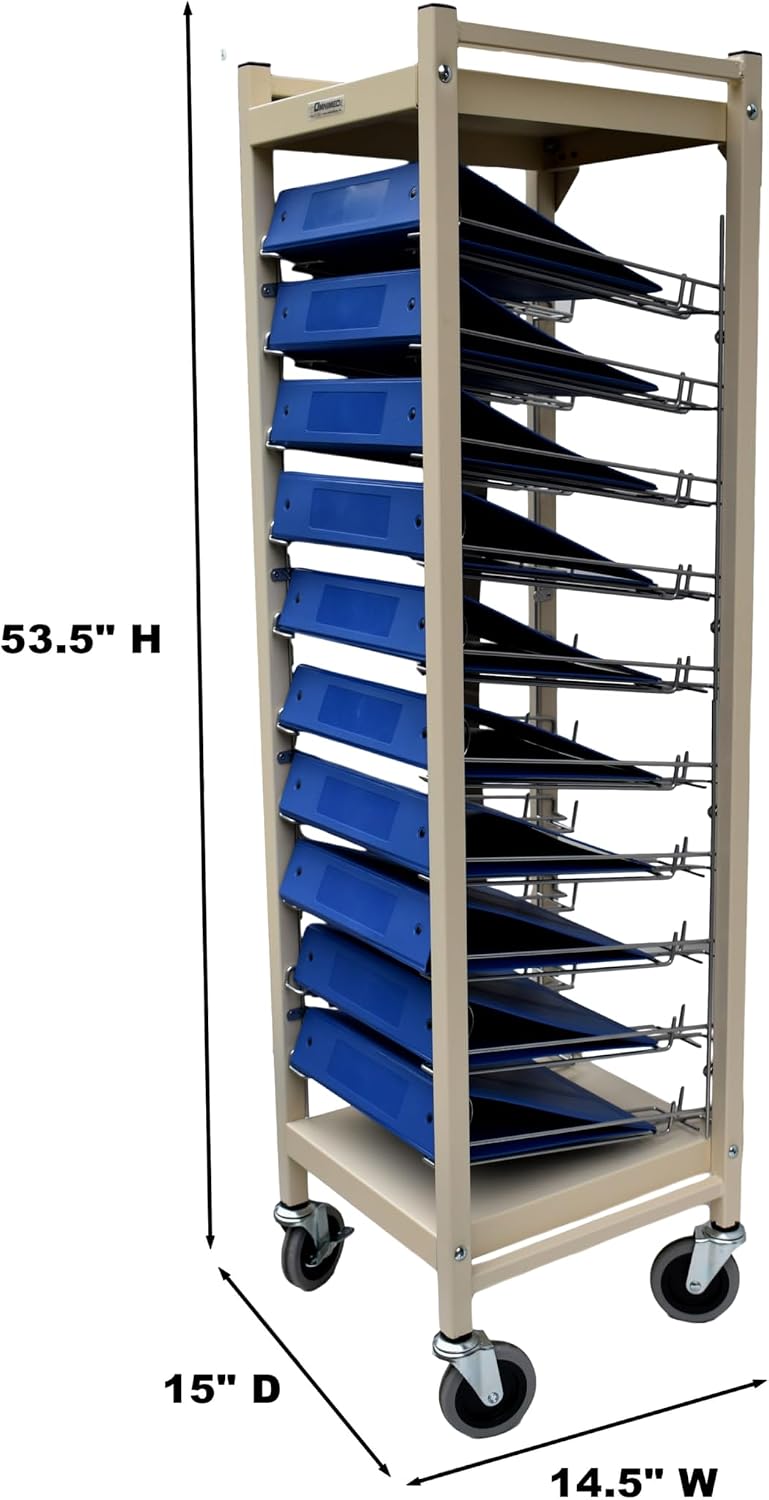 American Made Medical Chart Organizer Rack on Wheels, Welded Steel Frame, Coated Wire Shelves (Beige, 10 Binder Capacity (2.75" Max Size)