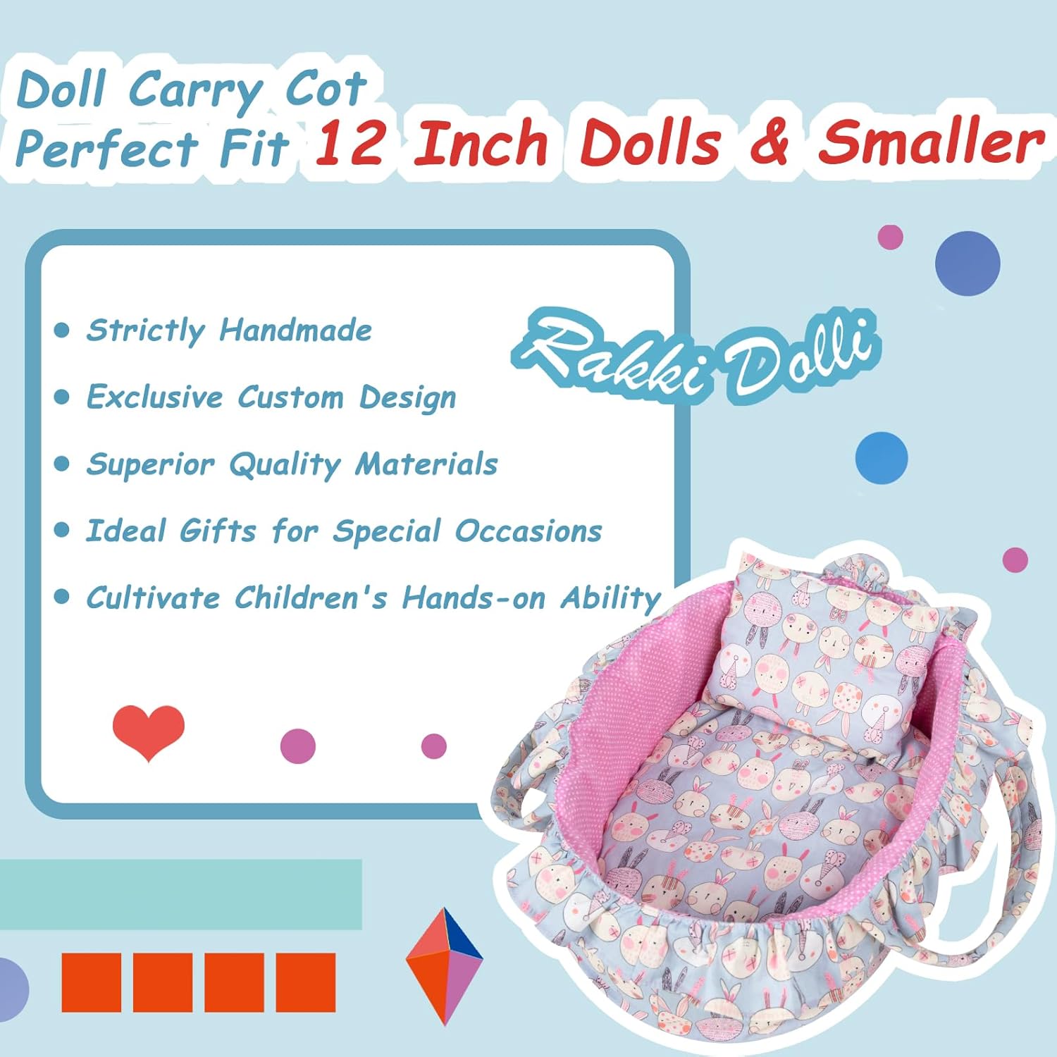Doll Carry Cot Set, Soft 3PC Set Includes Cot, Mattress and Pillow, Blue Rabbit Doll Bassinet, Fits for 10-12 Inch American Girl Dolls