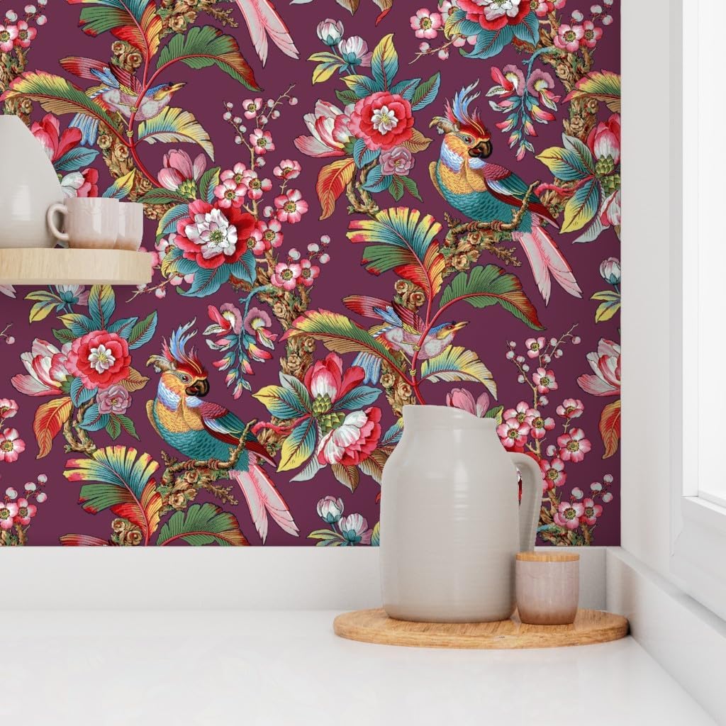 Peel & Stick Wallpaper 3ft x 2ft - Purple Antique Birds Palm Jungle Tropical Magenta Burgundy Wine Mauve Botanical Parrot Victorian Custom Removable Wallpaper by Spoonflower