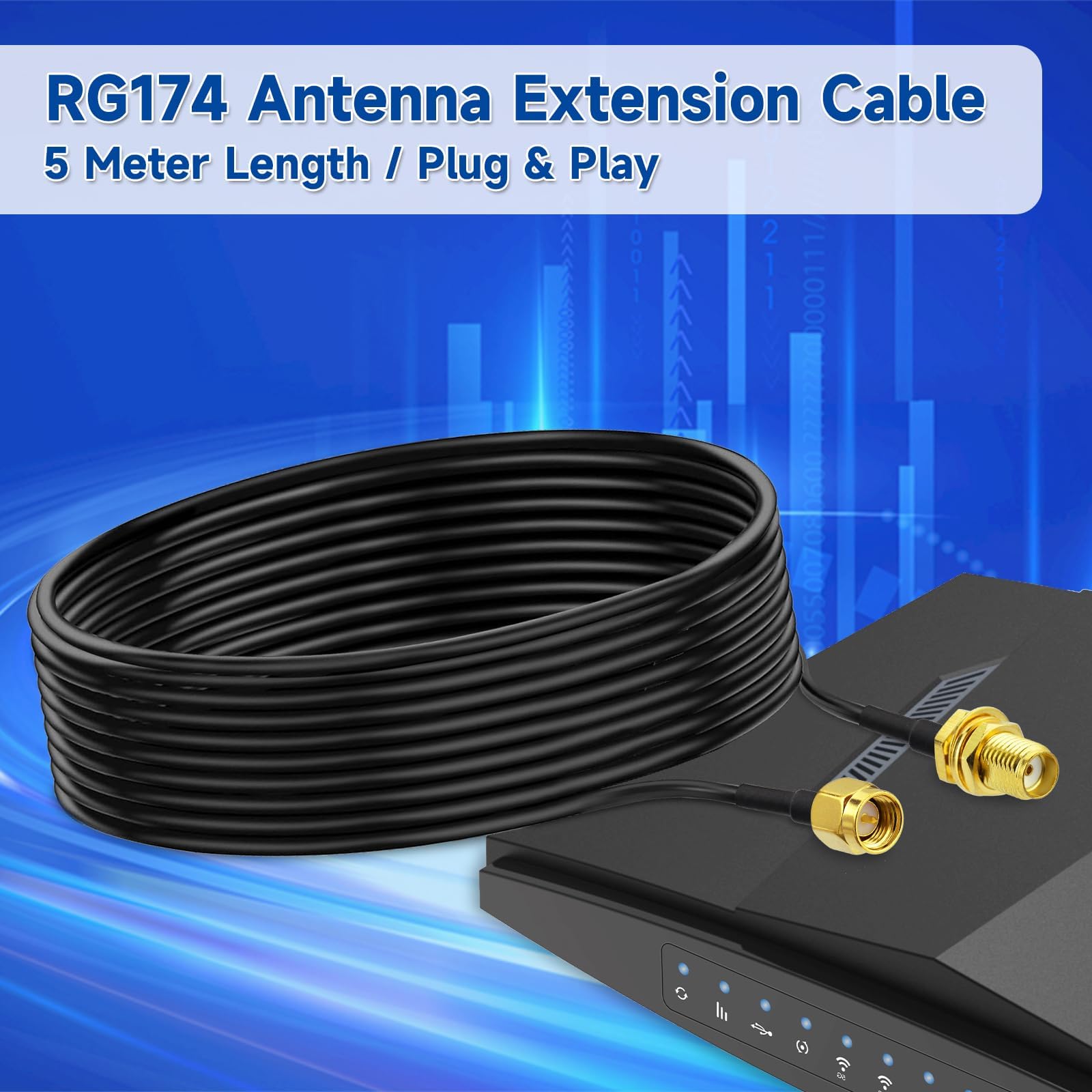 Bingfu Kabel przedłużający anteny SMA męski na SMA żeński do montażu grodziowego RG174, 5 m, kompatybilny z bramką routera 4G LTE, modemem, odbiornikiem Dongle SDR