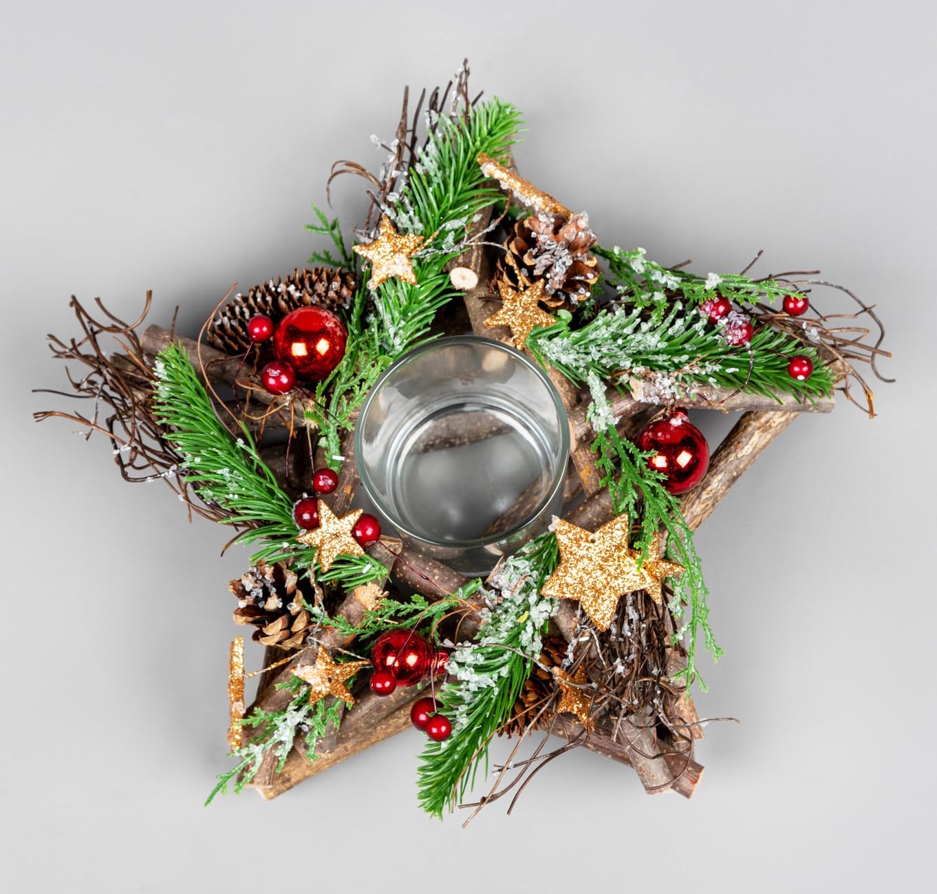 Shatchi Brown 22Cm Star Tealight Votive Candle Holder - Wooden Twigs Base Decorated With Red Baubles,Berries,Bronze Stars,Foliage,Pine Cones - Christmas Home Table Decoration