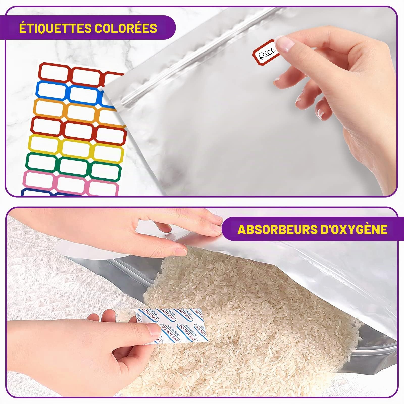 Sacs Mylar Pour Le Stockage à Long Terme Conservation Des Aliments 5 Gallon, 43.5 x 71 CM, 8,6 Mil, Sacs Mylar Avec Absorbeurs d'Oxygène, 40000 CC, Thermosoudable, Fermeture Éclair, 15 Pièces