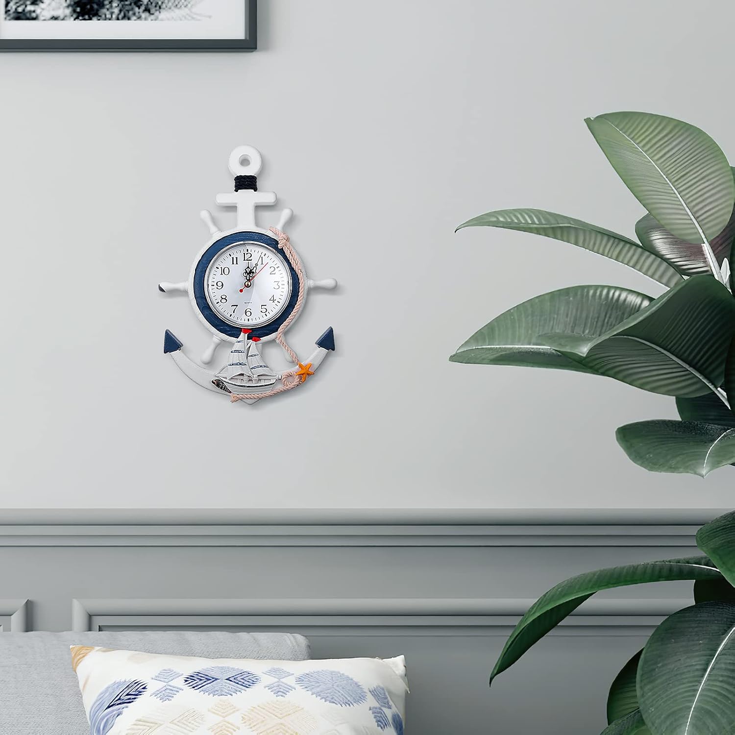 BESPORTBLE Nautical Wall Anchor Clock Beach Theme Ship Clock Coastal Wall Art Decoration Mediterranean Style Home Ornament for Indoor Outdoor Bedroom, Patio, Living Room, Garden, Bathroom