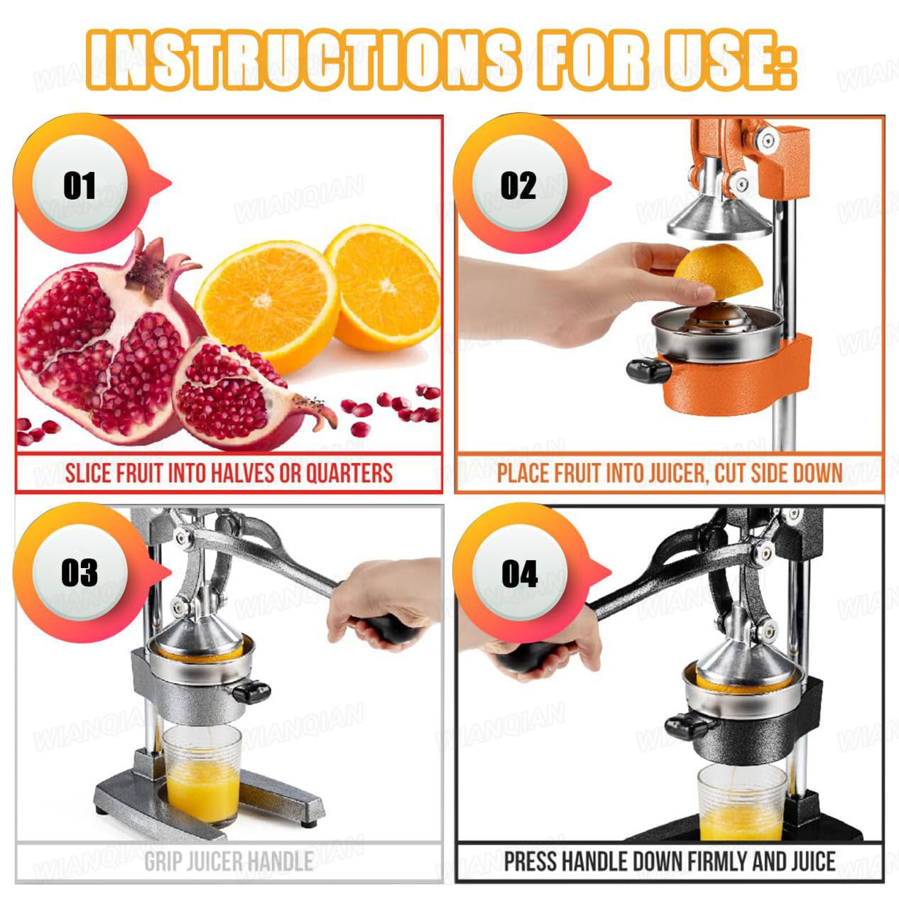 Spremiagrumi manuale, in acciaio inox, ad alta resa, arancia, limone, lime e melograno, senza elettricità, facile da usare, design professionale