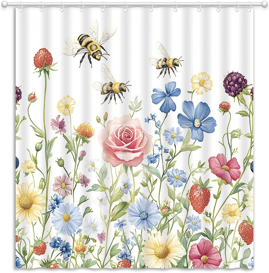 Watercolor Flower Shower Curtain Colorful Wildflower Bee Botanical Spring Country Rustic Fabric Bathroom Decor Curtain with Hooks, 86Wx70H