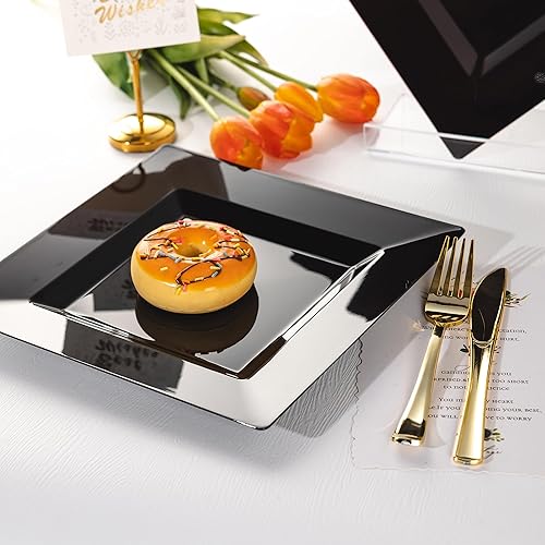 Miniatura 4 de 100 platos llanos de plástico negro, platos cuadrados desechables de 9.5 pulgadas, platos de postre para bodas, fiestas, Pascua, Navidad