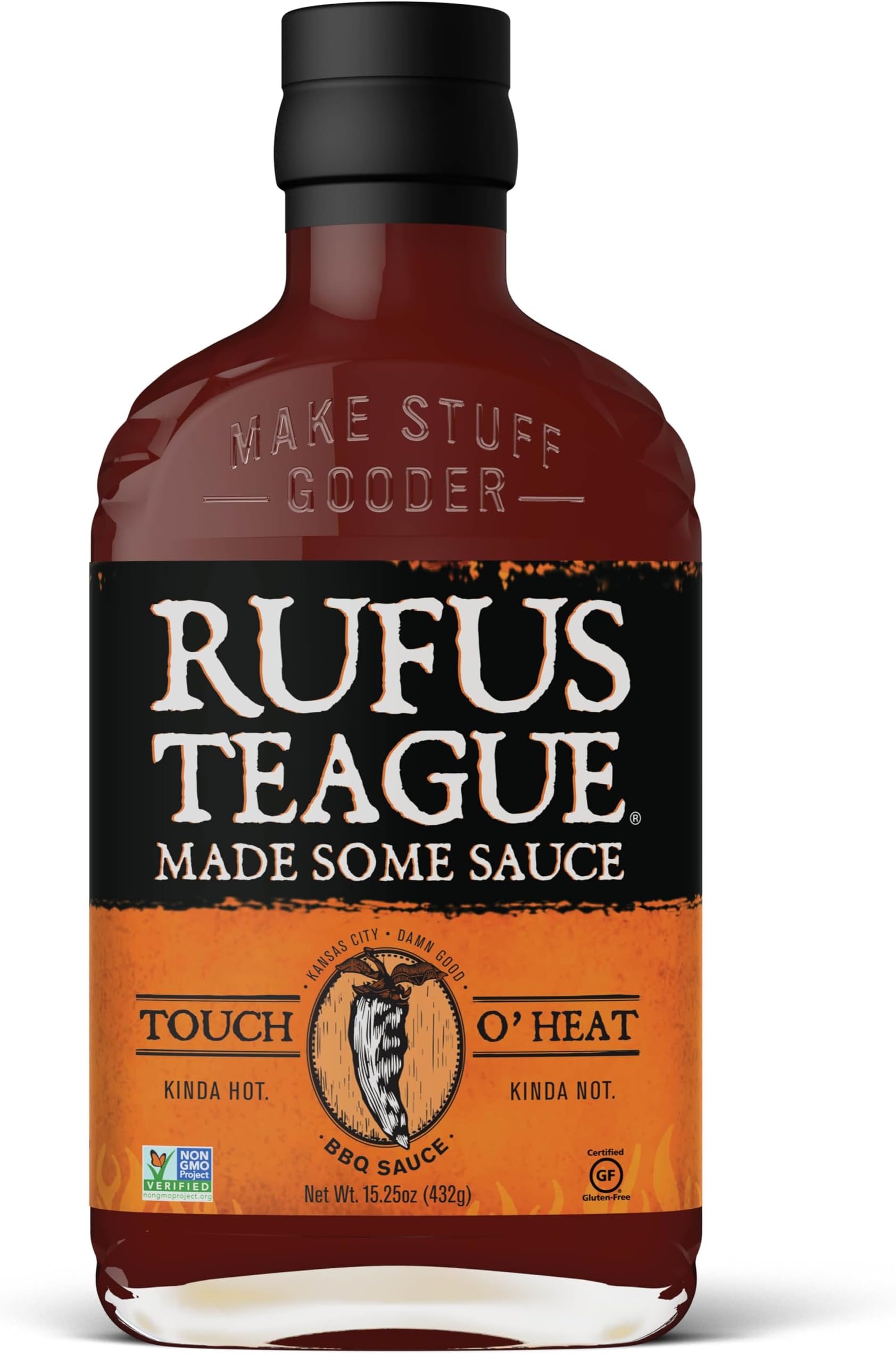 Rufus Teague Touch O' Heat BBQ Sauce, 1 Pack, Premium Barbecue Sauces with Natural Ingredients, Award-Winning Bold Flavor, Gluten-Free, Non-GMO, 15.25 oz