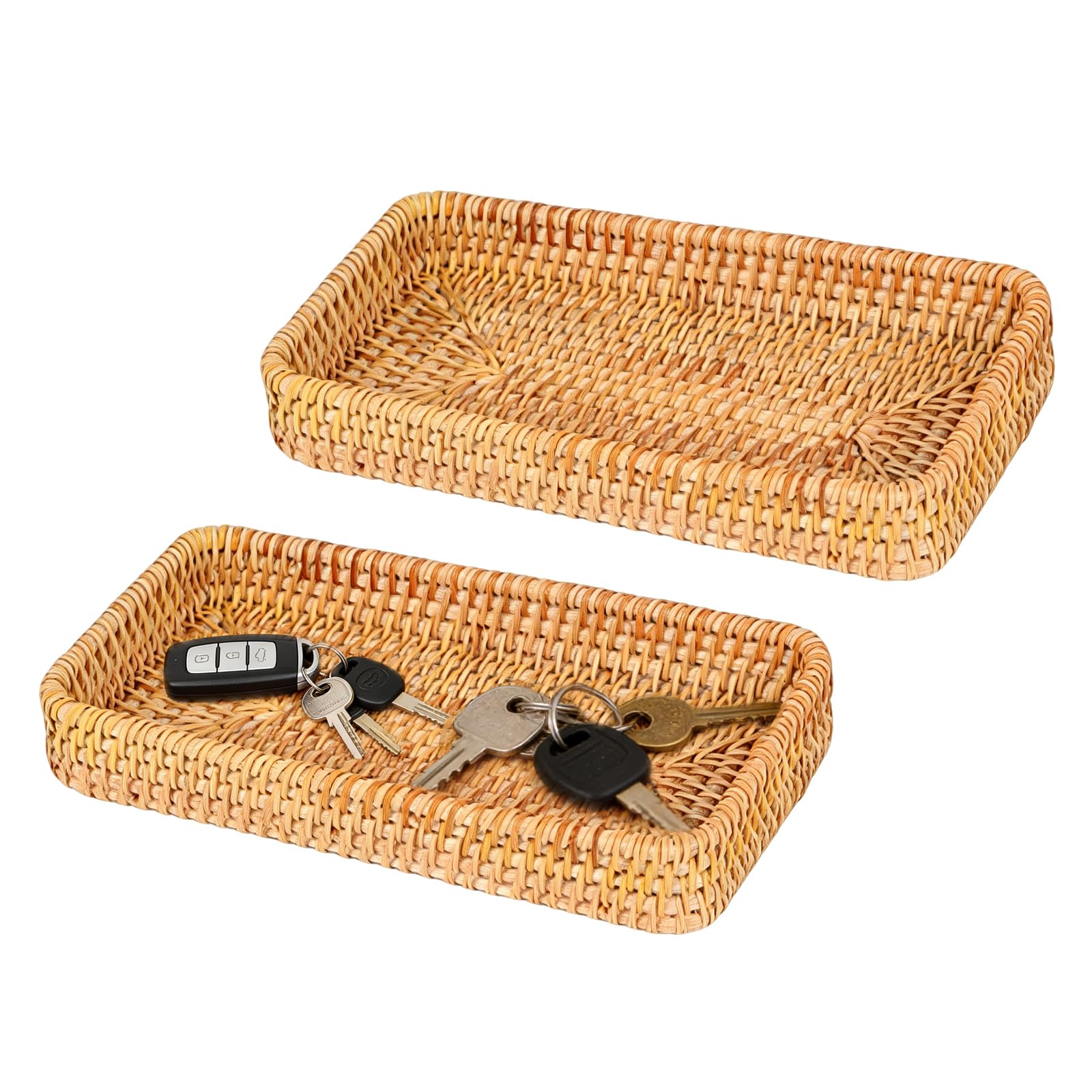 Small Rectangular Wicker Basket Tray Shallow Rattan Storage Tray for Keys, Coffee Table Dressing Table Organize Remote Jewelry Cosmetics in Living Room & Bedroom, Storage Fruit Snacks (01-2pcs)