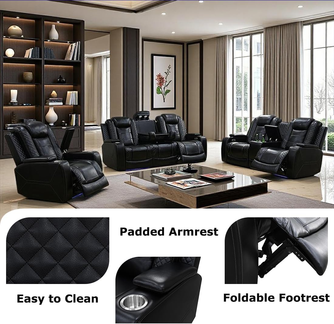 Power Recliner Sofa and Loveseat Set, Black Leather Reclining Sofa Sectional Couches with Drop-Down Table, Living Room Furniture, Reclining Sofa with Cup Holders/Storage Console for House