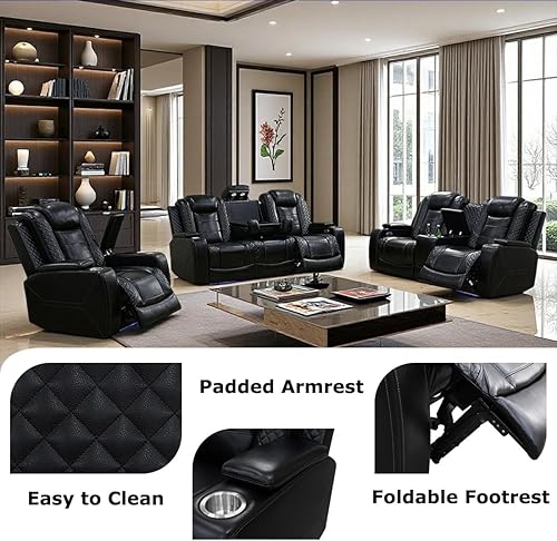 Miniatura 5 de Juego de sofá reclinable eléctrico y sofá biplaza, sofá reclinable de cuero negro con mesa desplegable, muebles de sala de estar, sofá reclinable