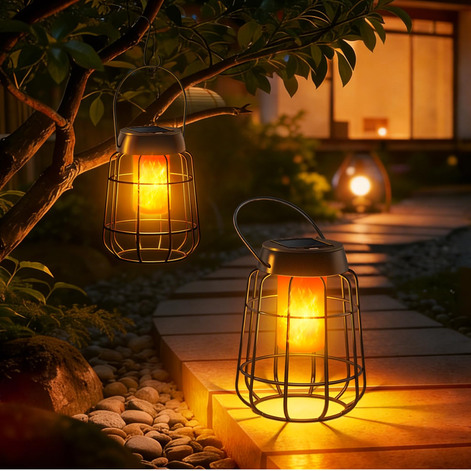 2 Stück Solarlaternen mit Echtem Flammeneffekt für Außen – IP65 Wasserfeste Solarlampen für Garten, Balkon, Terrasse und Hof mit Automatischem Dämmerungssensor, Garten Deko, Ohne Ständer und Haken