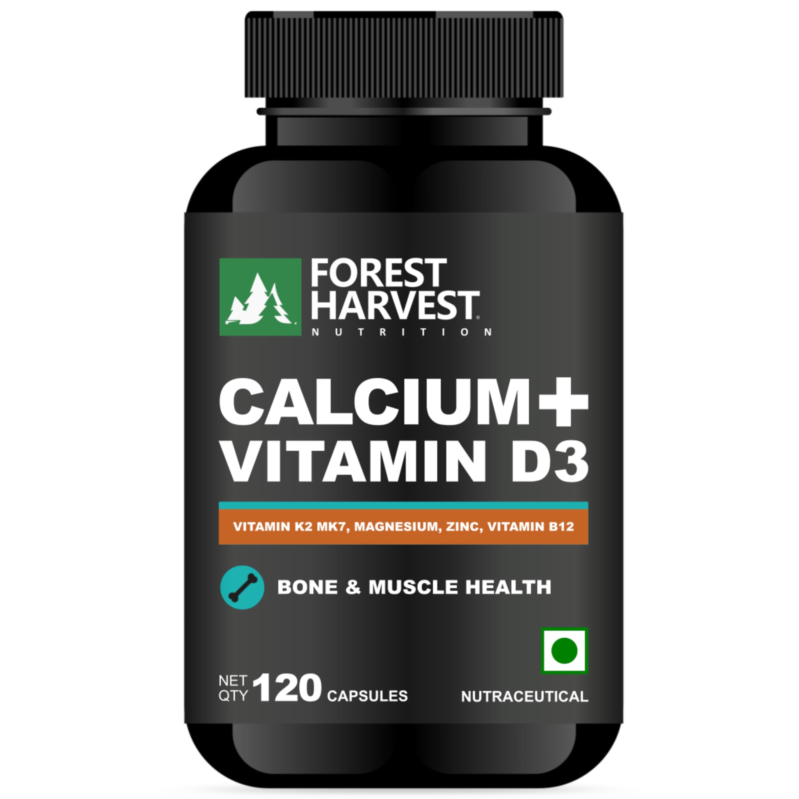 Forest Harvest Calcium + Vitamin D3 – 120 Veg Capsules | With Magnesium, Zinc, Vitamin B12 & K2 (MK7) | Multi-Nutrient Blend | WHO-GMP, ISO, HACCP Certified-image-4