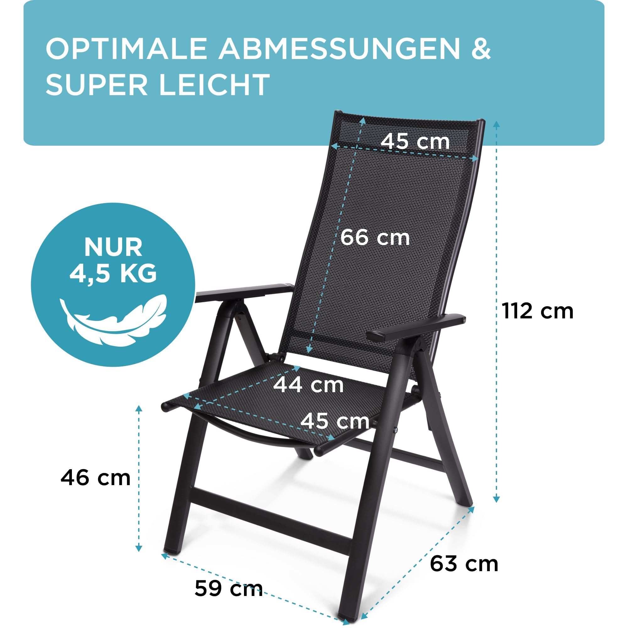Hochlehner Gartenstuhl klappbar aus Aluminium, 2-Fach pulverbeschichtet, wetterfest, leicht, 5-Fach verstellbar, Made in EU, 2er Set, Anthrazit