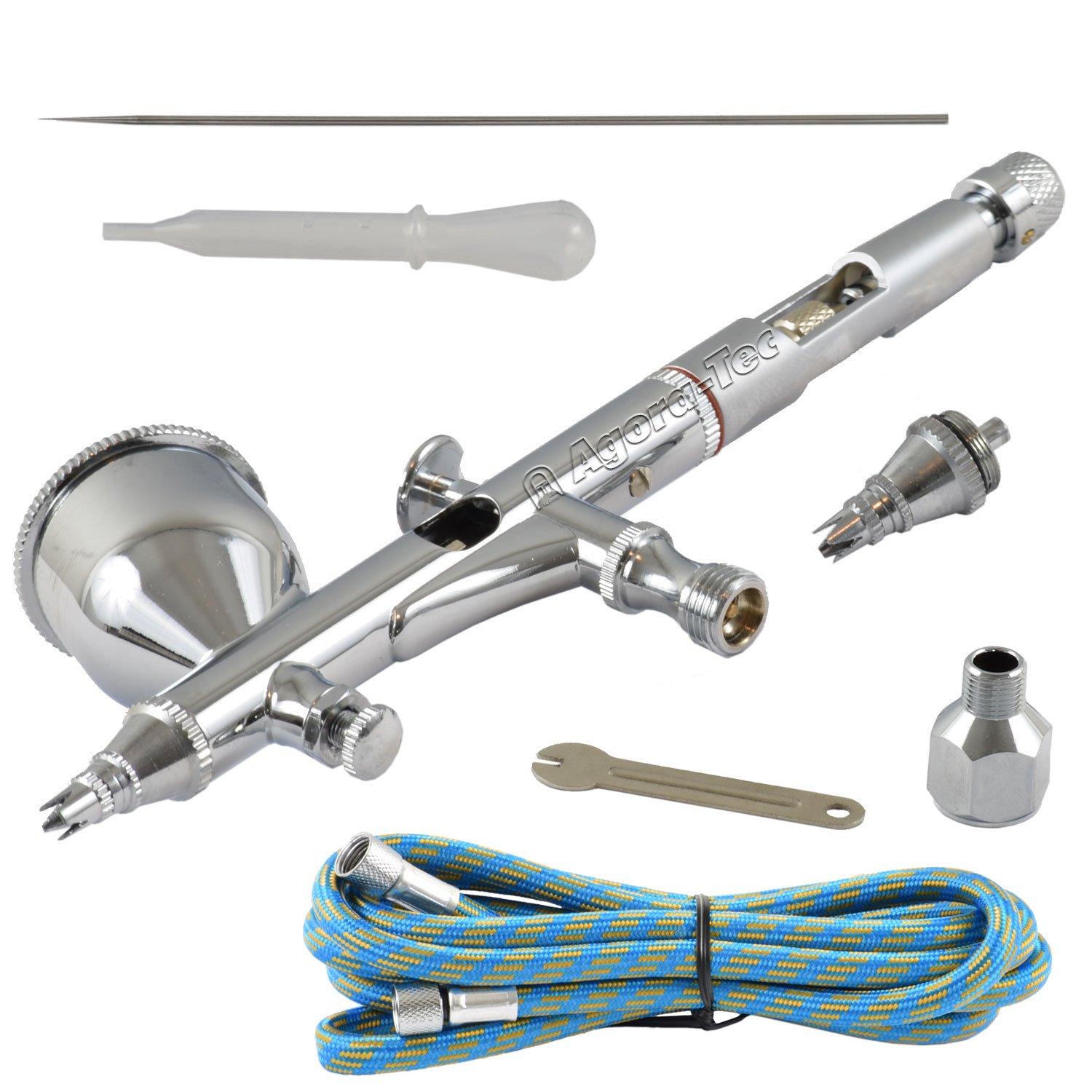 Agora-Tec® Airbrush Set EXPERT V.13 mit Kompressor 4 bar/20 l/min + 3 Pistolen inkl. Nadeln/Düsen 0,2/0,3/0,5/0,8 mm + 3 Schnellkupplungen + 4-fach Halter + Clean Pot + 2 Schläuche + Adapter