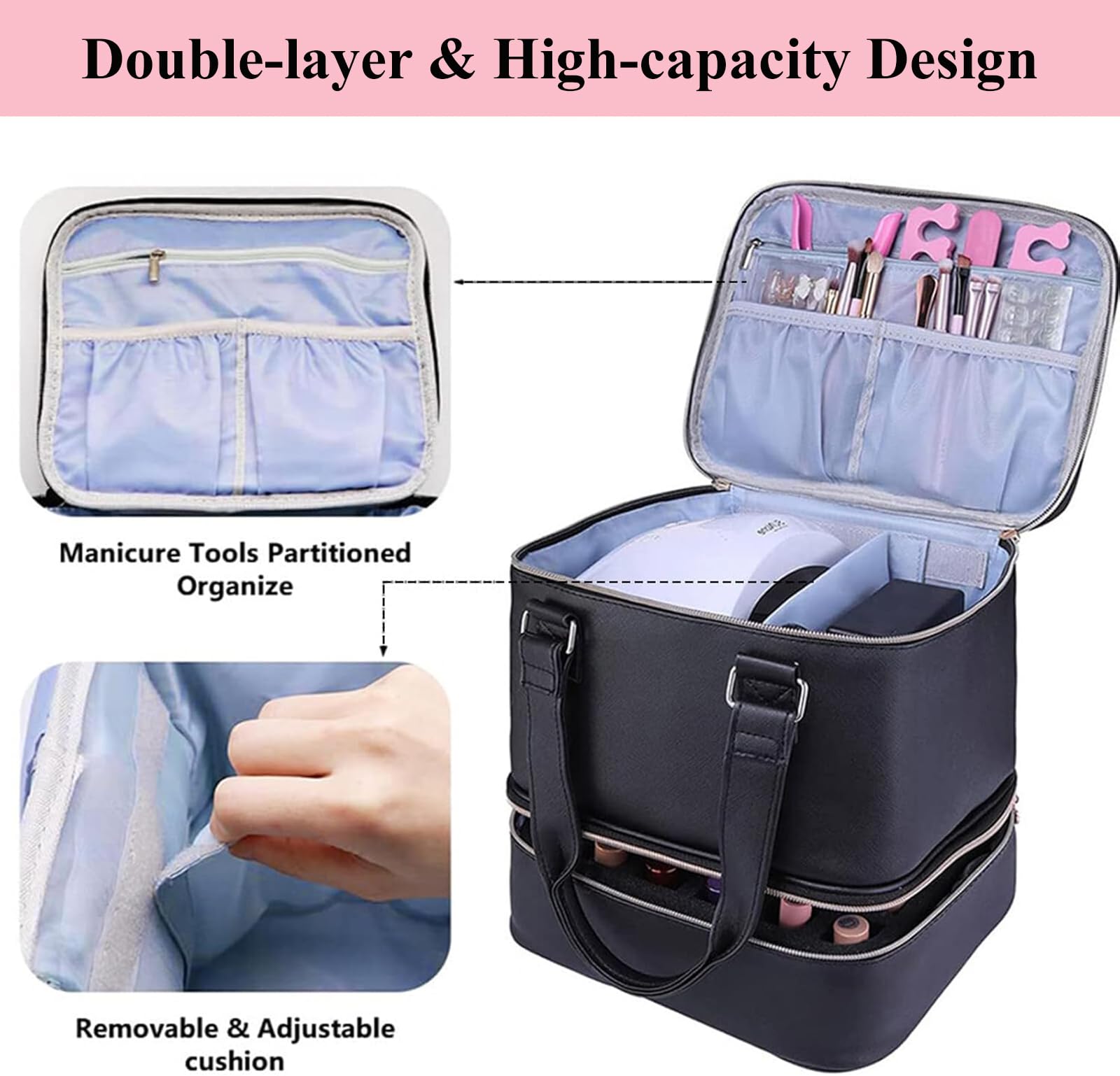FAMKIT Oje Organizatörü, Çift Katmanlı Oje Kılıfı, 30 Şişe ve Bir Tırnak Lambası Tutar, Taşınabilir Oje Tutucu, Ayarlanabilir Bölücülerle, Tırnak Sanatı Araçları için, siyah, moda