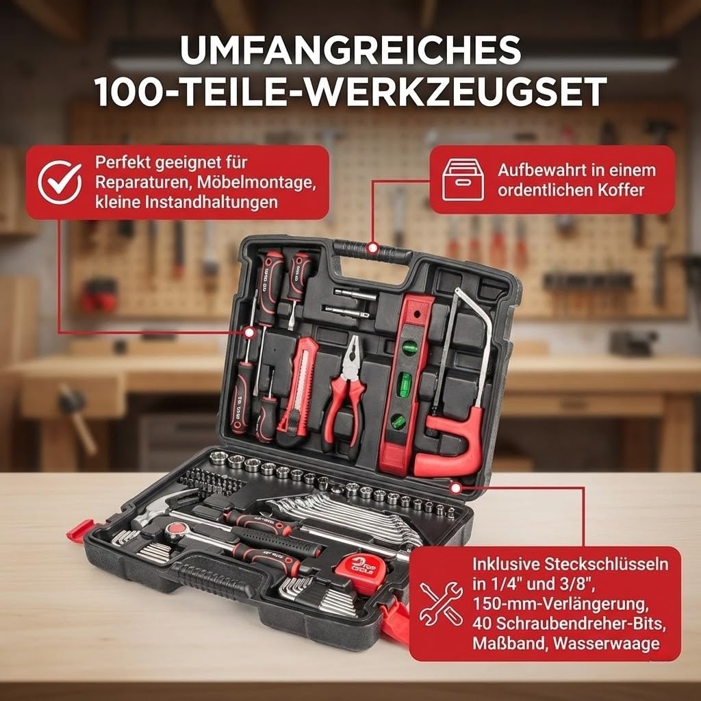TOP TOOLS Werkzeugset 100-teilig mit Steckschlüsseln 3/8" Ratsche