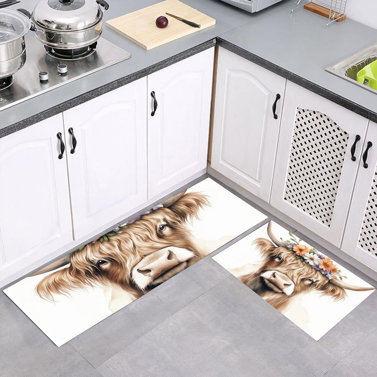 Alfombras de cocina duraderas con estampado floral marrón y blanco de alta resistencia