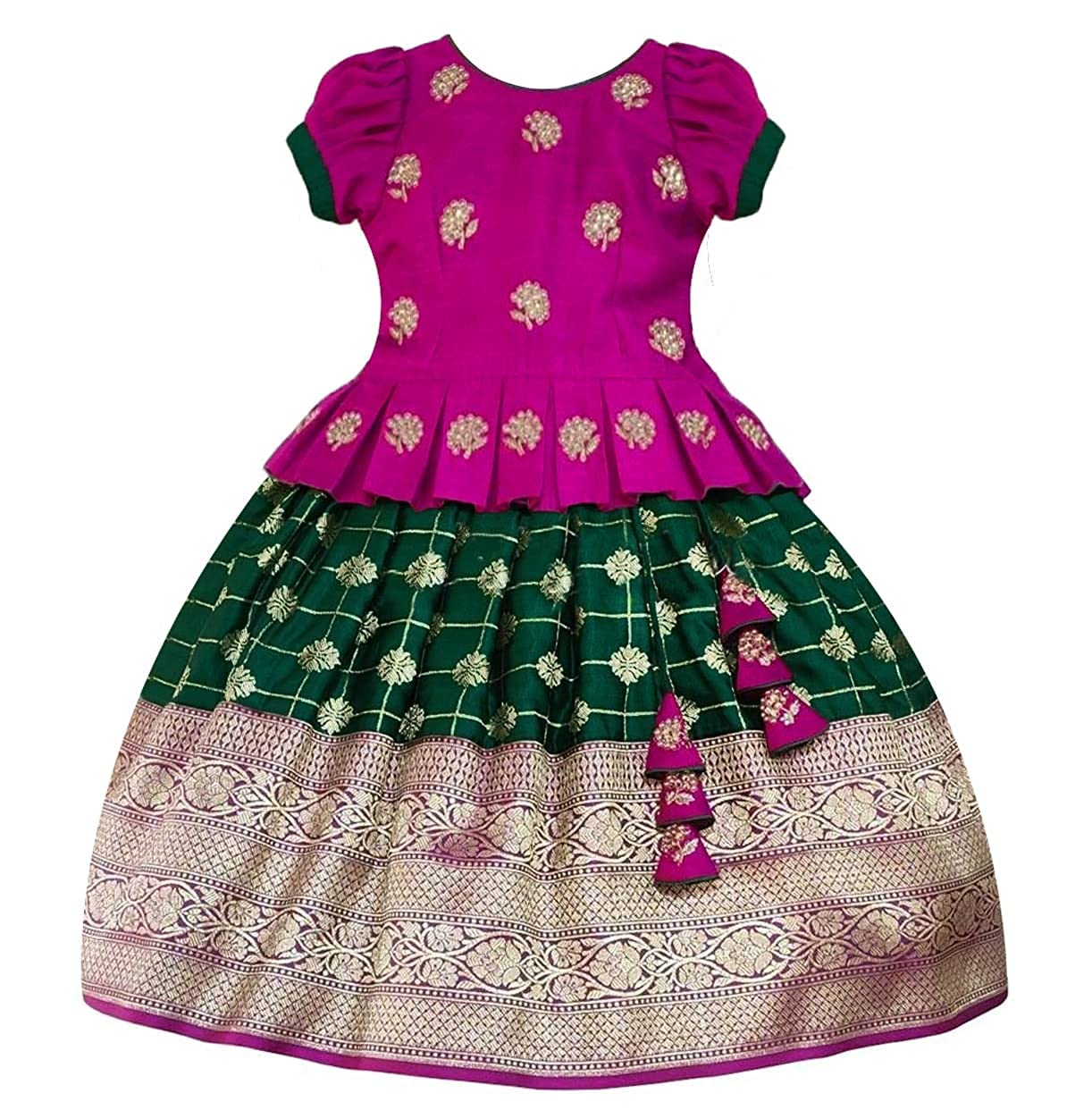 Wommaniya Impex Baby Girl's Pattu Pavadai Readymade Jacquard Lehenga Choli, Rani, Green