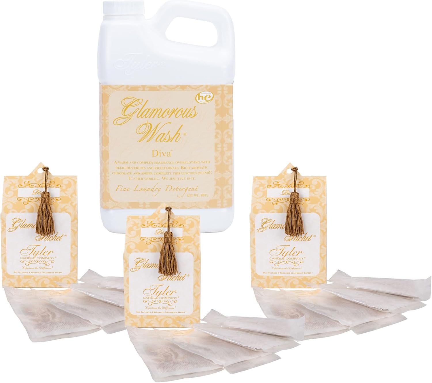 Elanze Designs Tyler Candle ICON Glam Laundry Detergent and Scented Sachet 32 Ounce Bundle; set of 4