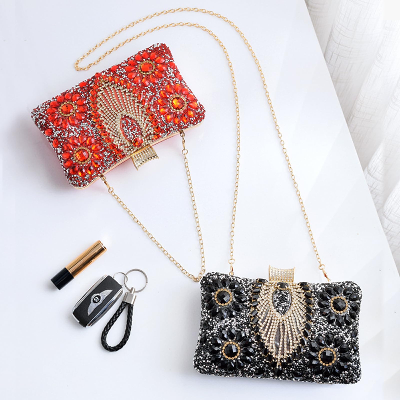 Diamantes de Imitación Clutch para Mujer Bolsa de Noche Bolso de Fiesta Pequeña Bolso de Boda Elegante Bolso de Hombro Lujoso Bolsos Bandolera para Fiesta de Graduación Banquete Rojo