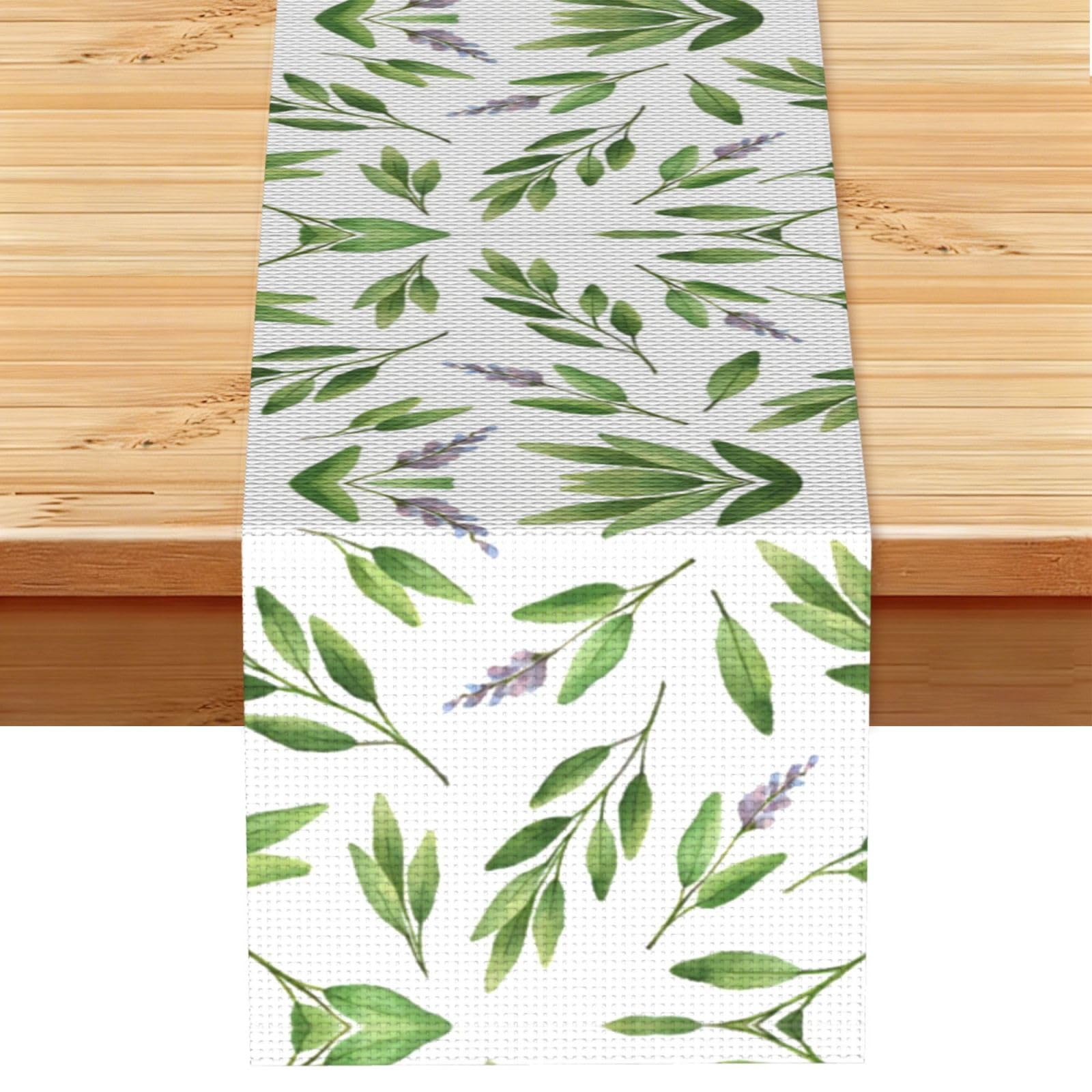 Green Flower Watercolor Herb Sage Leaves and Branches Linen Feel Table Runner Wedding Party Home Decoration