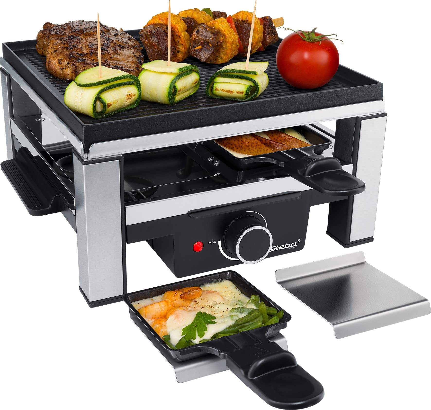 Raclette de hierro fundido Steba con una superficie para asar de 25 x 25 cm, 4 sartenes con revestimiento antiadherente para una limpieza fácil. RC 104.
