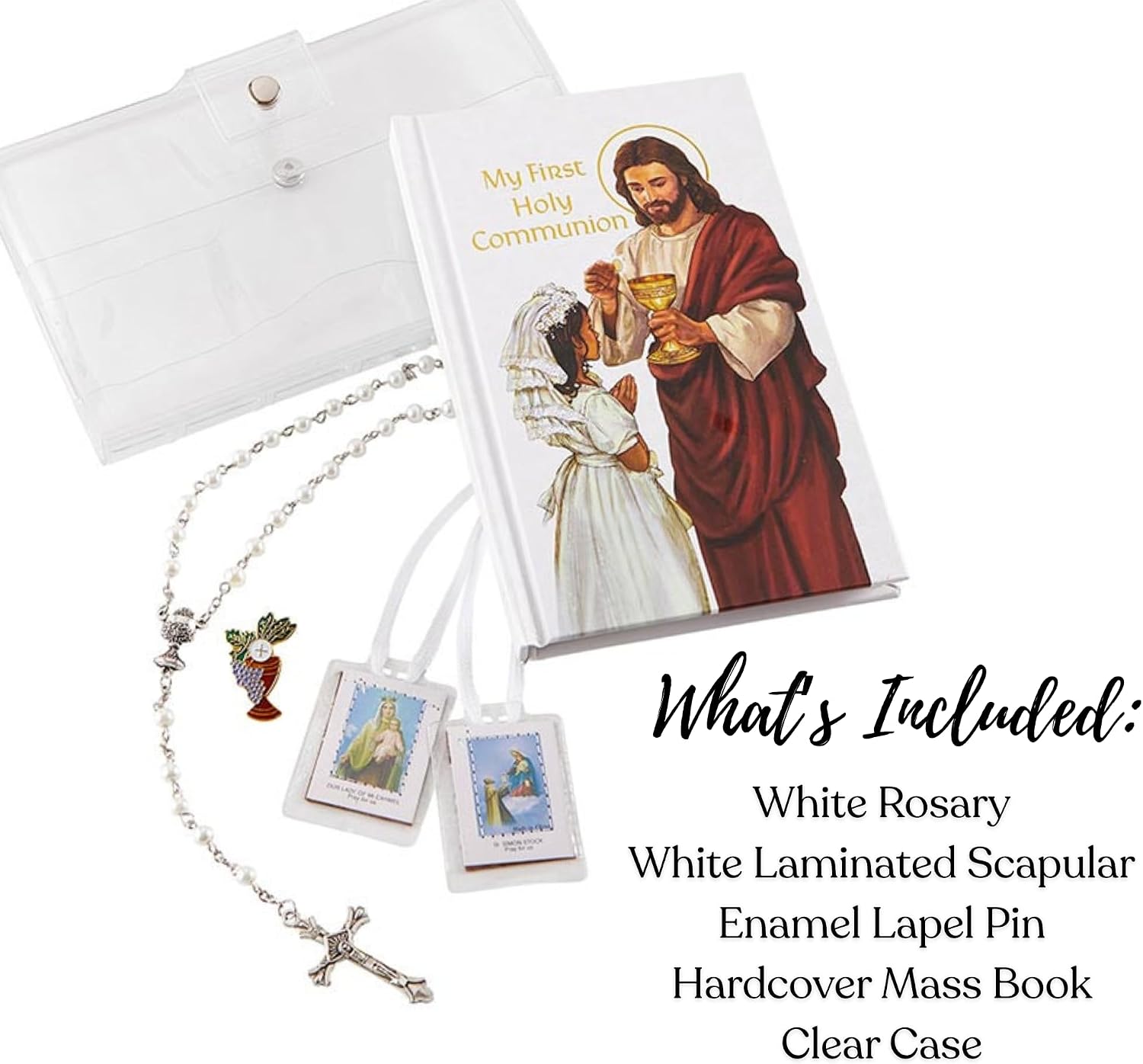 Needzo Holy First Communion Gift Set for Girls, Includes Rosary, Scapular, Mass Book, and Lapel Pin, Catholic Jewelry Keepsakes, 4 Items