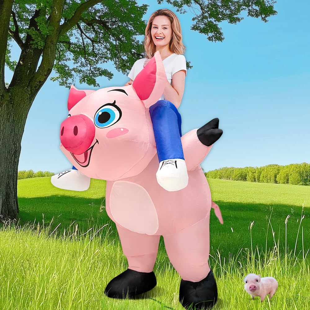 JASHKE Costume Cochon Chevaucher Gonflable Deguisement Cochon Gonflables | Costume Gonflable de Cochon pour Adulte Chevauche un Cochon Rose Deguisement Gonflable Rigolos Halloween Noël Carnaval
