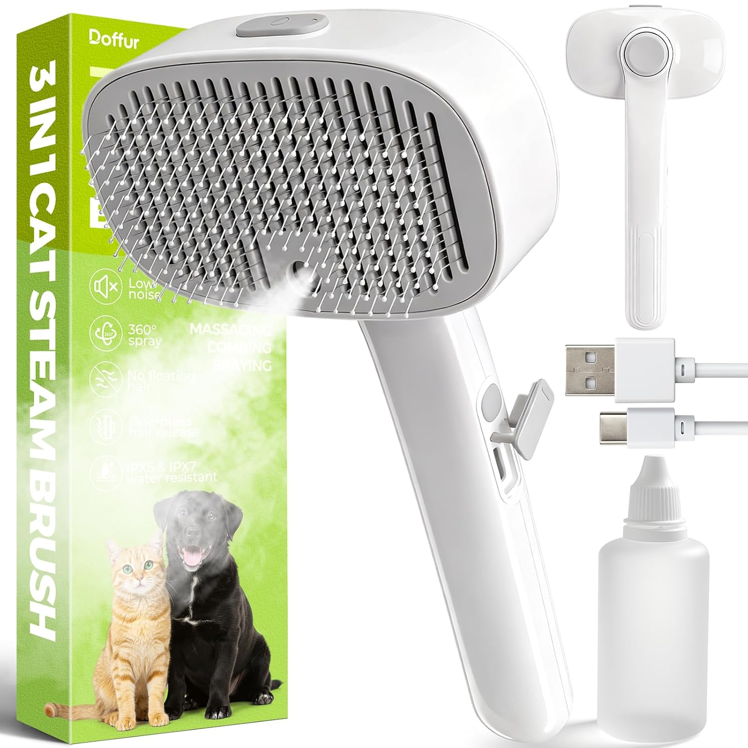 Pet Steam Brush for Cats & Dogs – 3 in 1 Cat Brushes for Shedding – Self Cleaning Dog Grooming Brush with 60mL Water Tank and 2-speed Adjustable Spray for Long/Short Hair Pets