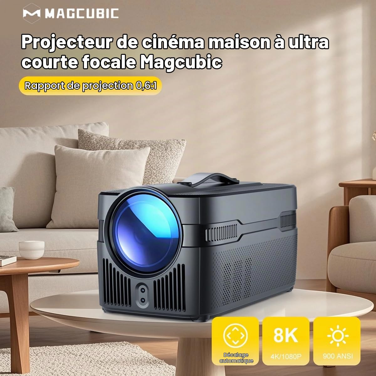 HY450 C Projecteur 900 ANSI Lumens avec Point Automatique 8K 1080P Ultra HD Port Allwinner H716 BT5.4 Décoration Automatique Home Cinéma Vidéo Android 14 WiFi 6