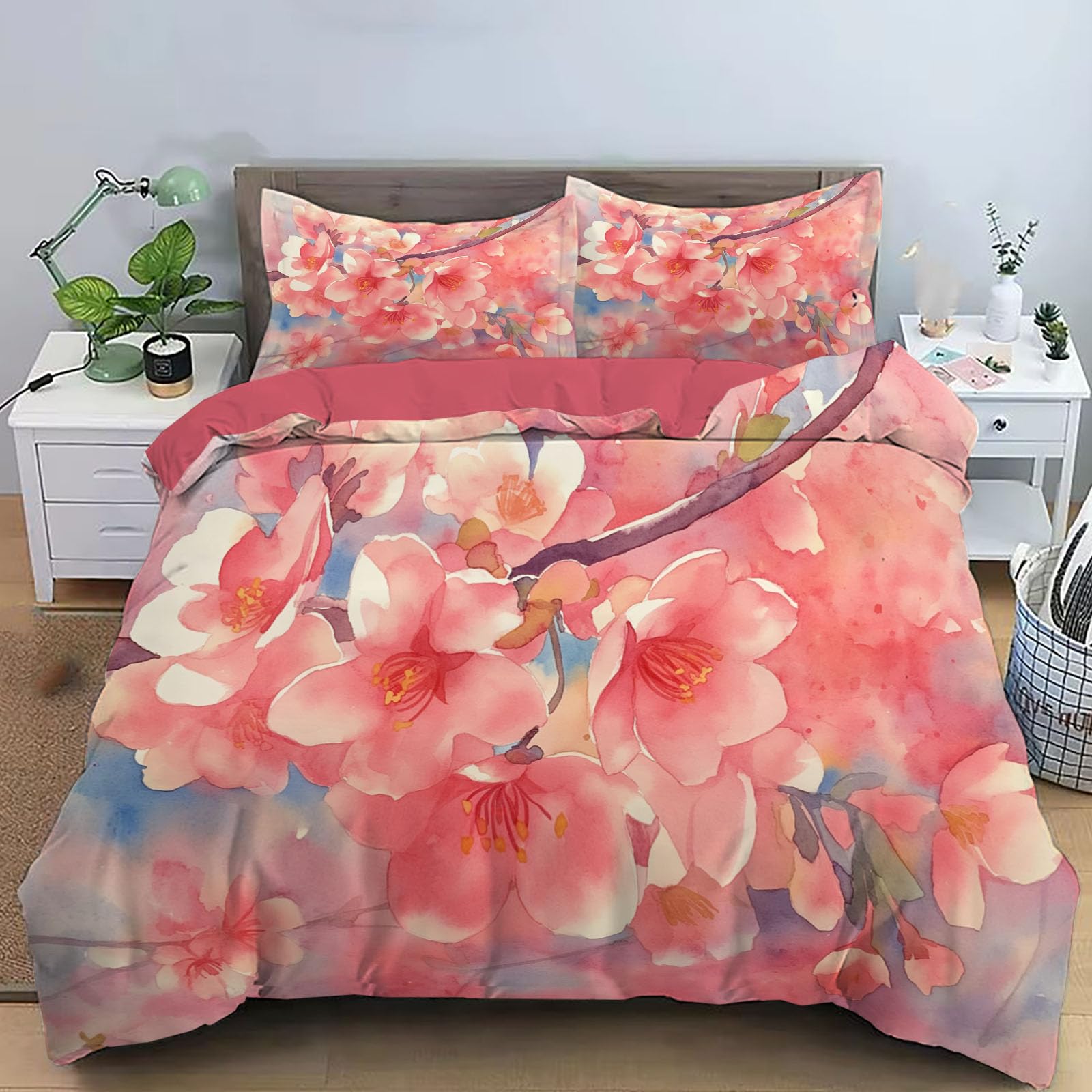 Housse de couette fleur de pêcher 140x200 parure de lit zippée facile à enfiler lit doux