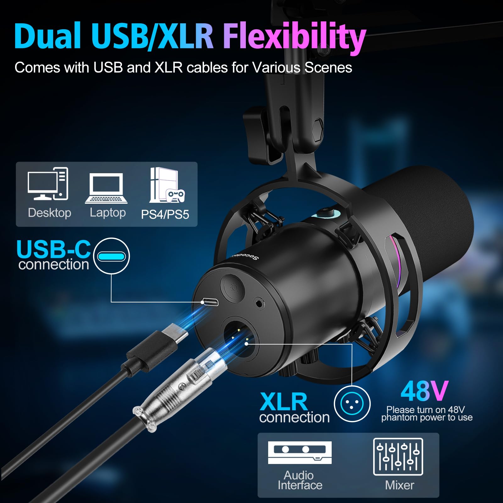 XLR/USB mikrofon gamingowy z ramieniem, dynamiczny mikrofon z wyciszeniem One-Touch, regulacja wzmocnienia i gniazdo słuchawkowe, mikrofon RGB do podcastów do streamingu, nagrywania i śpiewu