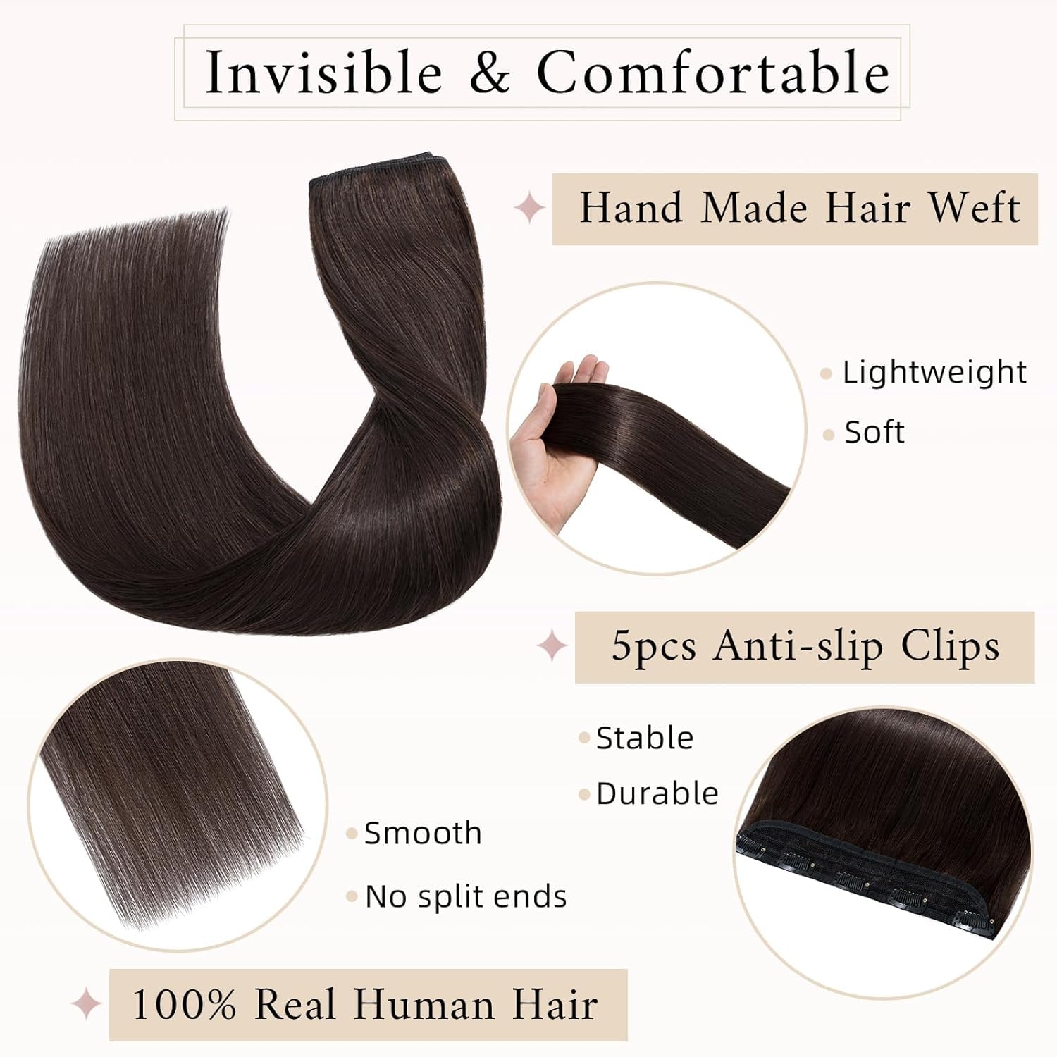 SEGO One Piece Clip in Extensions, 5 Clips Real Human Hair Extensions, Long Straight, 18 inches, #02 Dark Brown