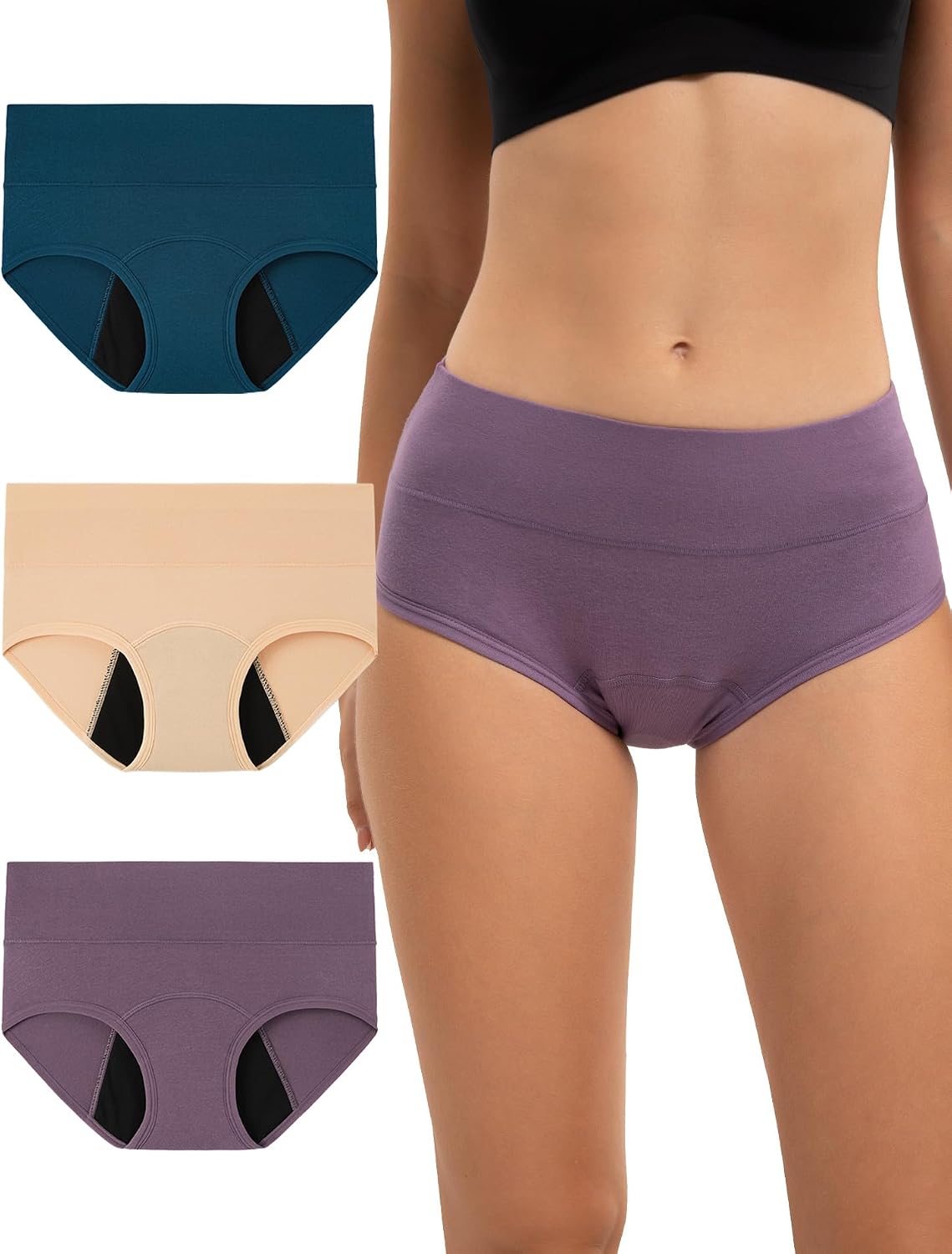 INNERSY Bielizna miesiączkowa, silne krwawienie, wysoka talia, bielizna menstruacyjna, bawełna, 3 sztuki