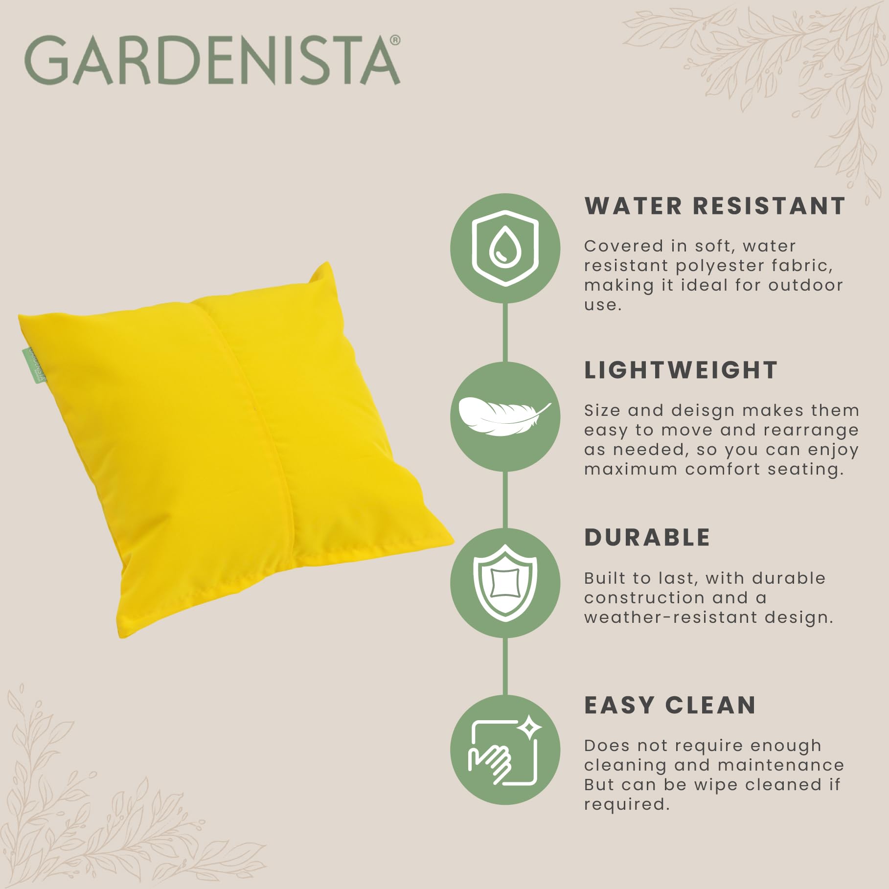 Gardenista Large Garden Scatter Cushion | Water Resistant Hollowfibre Filled Outdoor Seating Furniture Pillow | Great for Patio Rattan Chairs | Comfy & Lightweight (1, Yellow) - 3