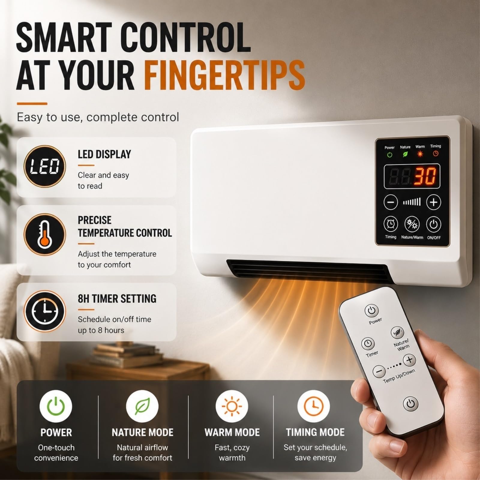Ventilador y Aire Acondicionado de Pared Portátil 2 en 1 (Sistema de Calefacción y Refrigeración), Unidad Combinada Inteligente con Pantalla LED y Control Remoto; Mini Enfriador Silencioso
