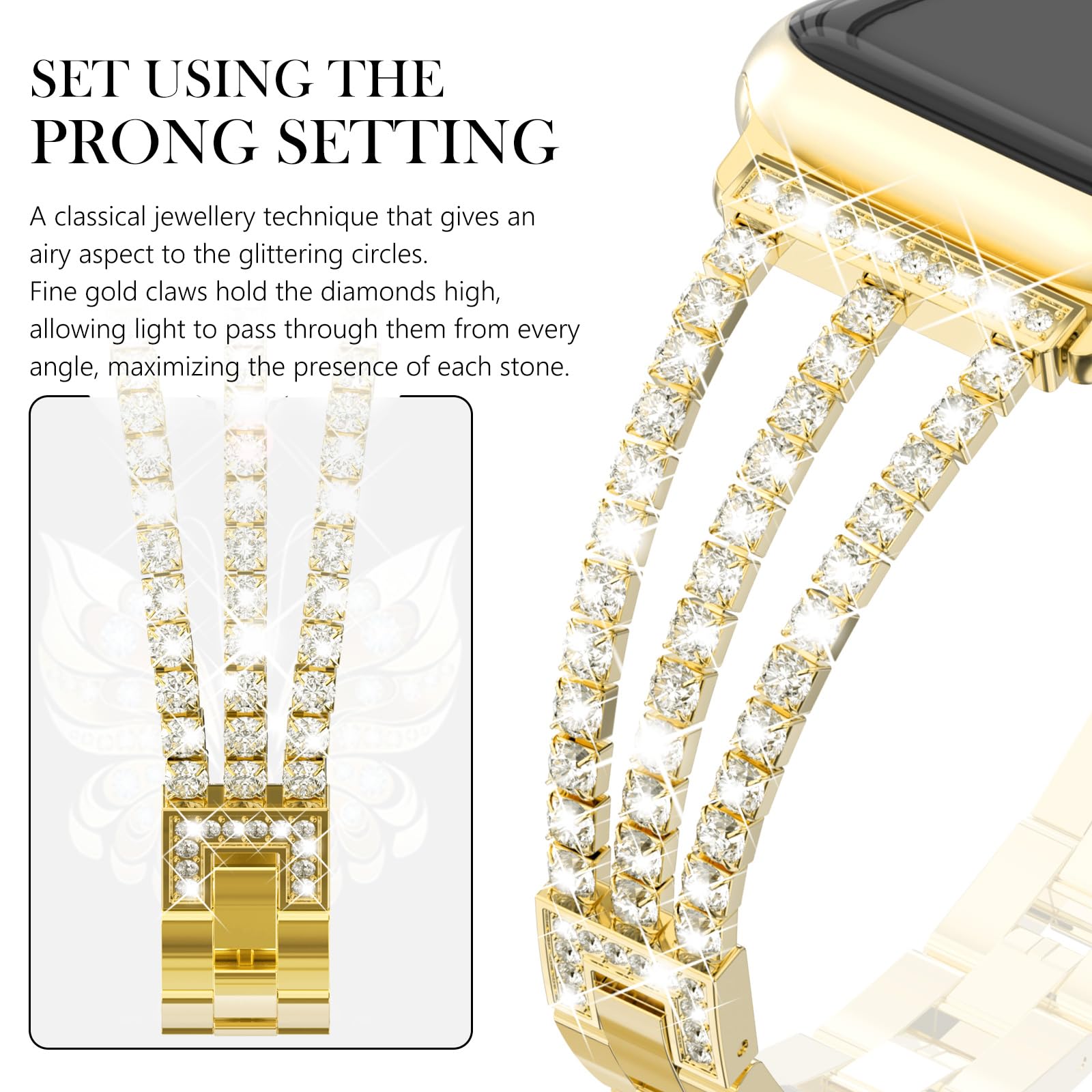 CHANCHY 42mm(series 11 10) 41mm 40mm 38mm Compatible with Apple Watch Strap for Women,Bling Strap Sparkling Crystal Bracelet Replacement Band for iWatch SE 3 2 1,Series 11 10 9 8 7 6 5 4 3 2 1,Gold - Image 3