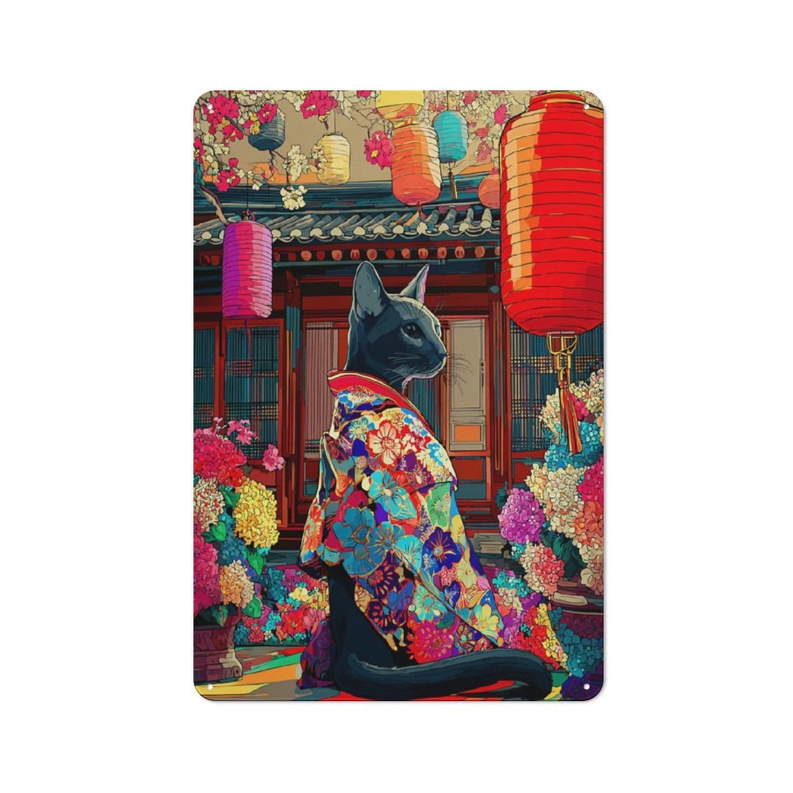 Junmoney Colorful Cat In Traditional Attire Metal Sign 30X20cm, Vintage Bar Wall Plaque For Diner, Restaurant, Shed Or Kitchen
