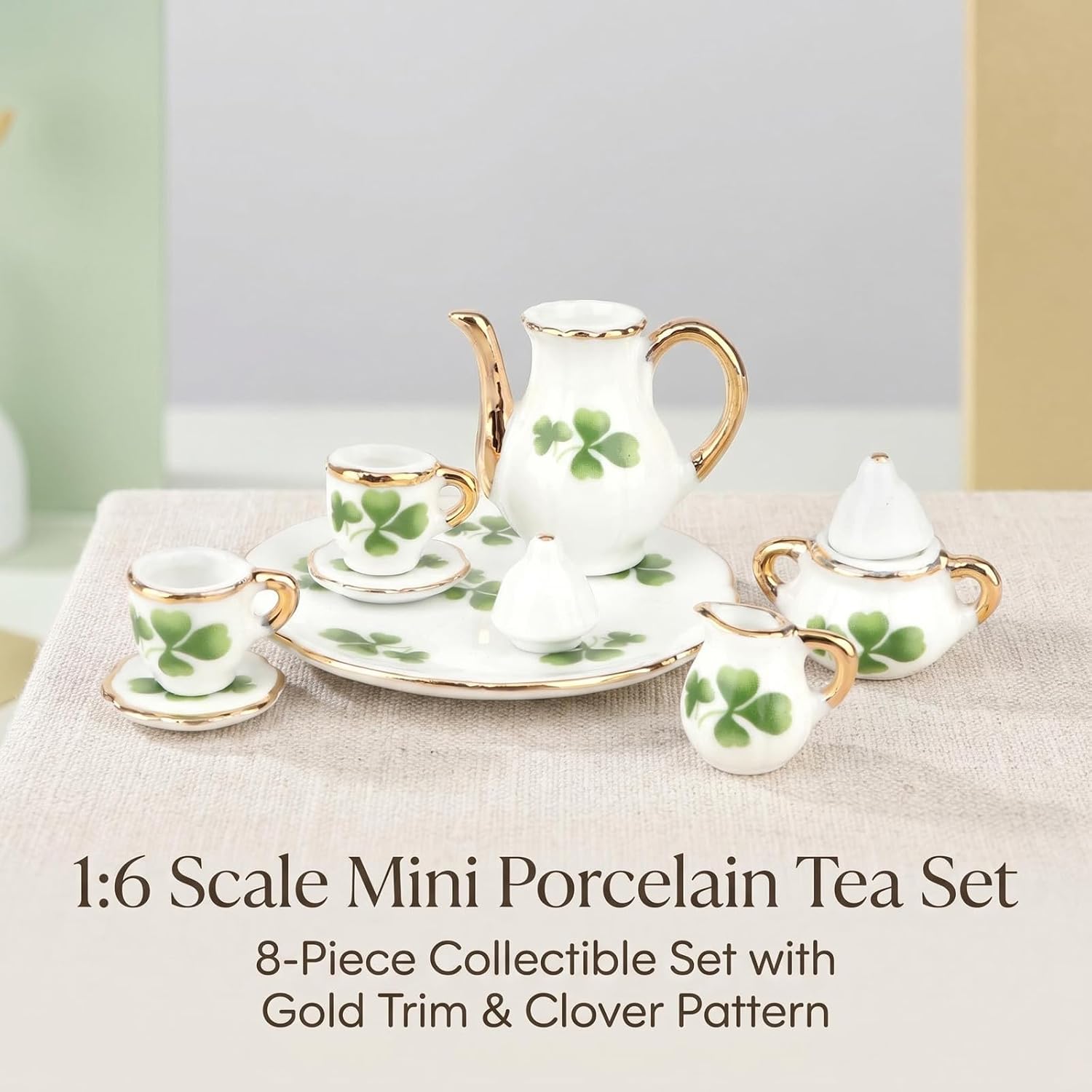 Miniature Tea Set 1/6 Scale Dollhouse Accessories Porcelain Lucky Clovey image 4